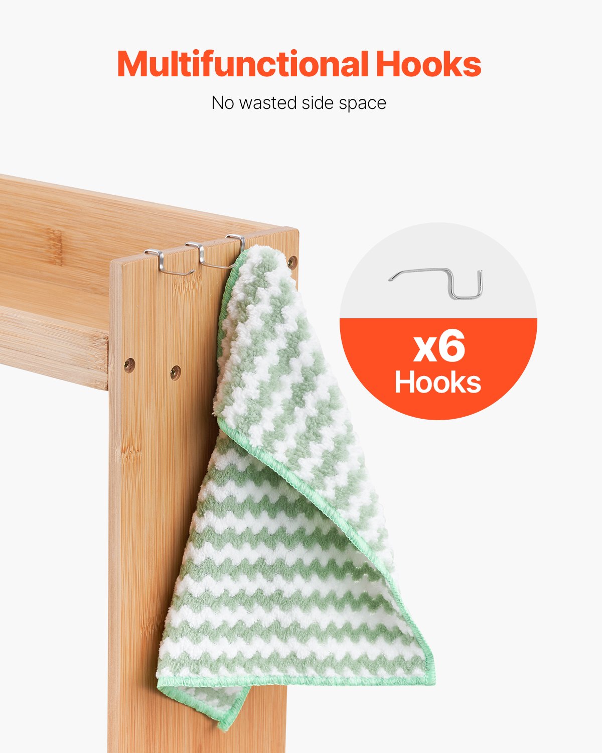 Over The Stove Spice Rack Organizer - Bamboo Shelf with 6 Hooks