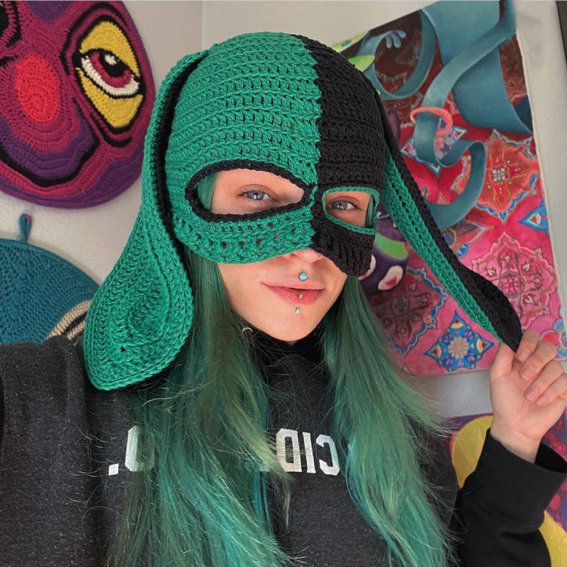 Knitted Rabbit Ear Mask Hat - Funny One-Eye Exposed Horn Thermal & Windproof