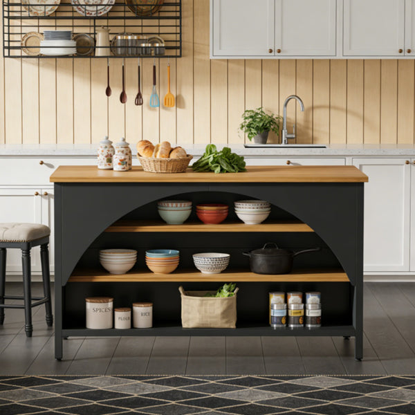 Kitchen Island with Storage - 3 Open Shelves, 55" Tabletop