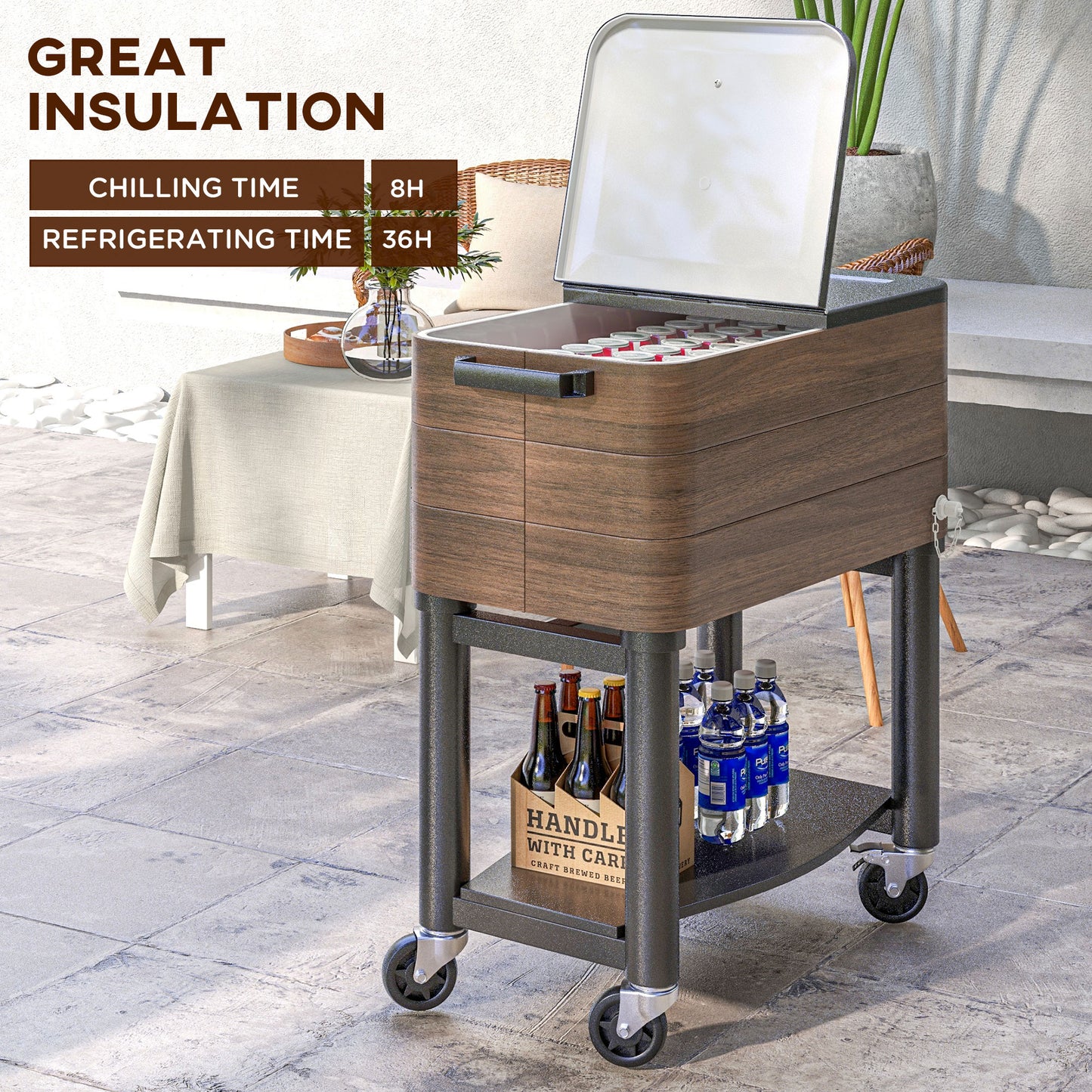 60 Quart Outdoor Cooler Cart with Bottle Opener - Brown