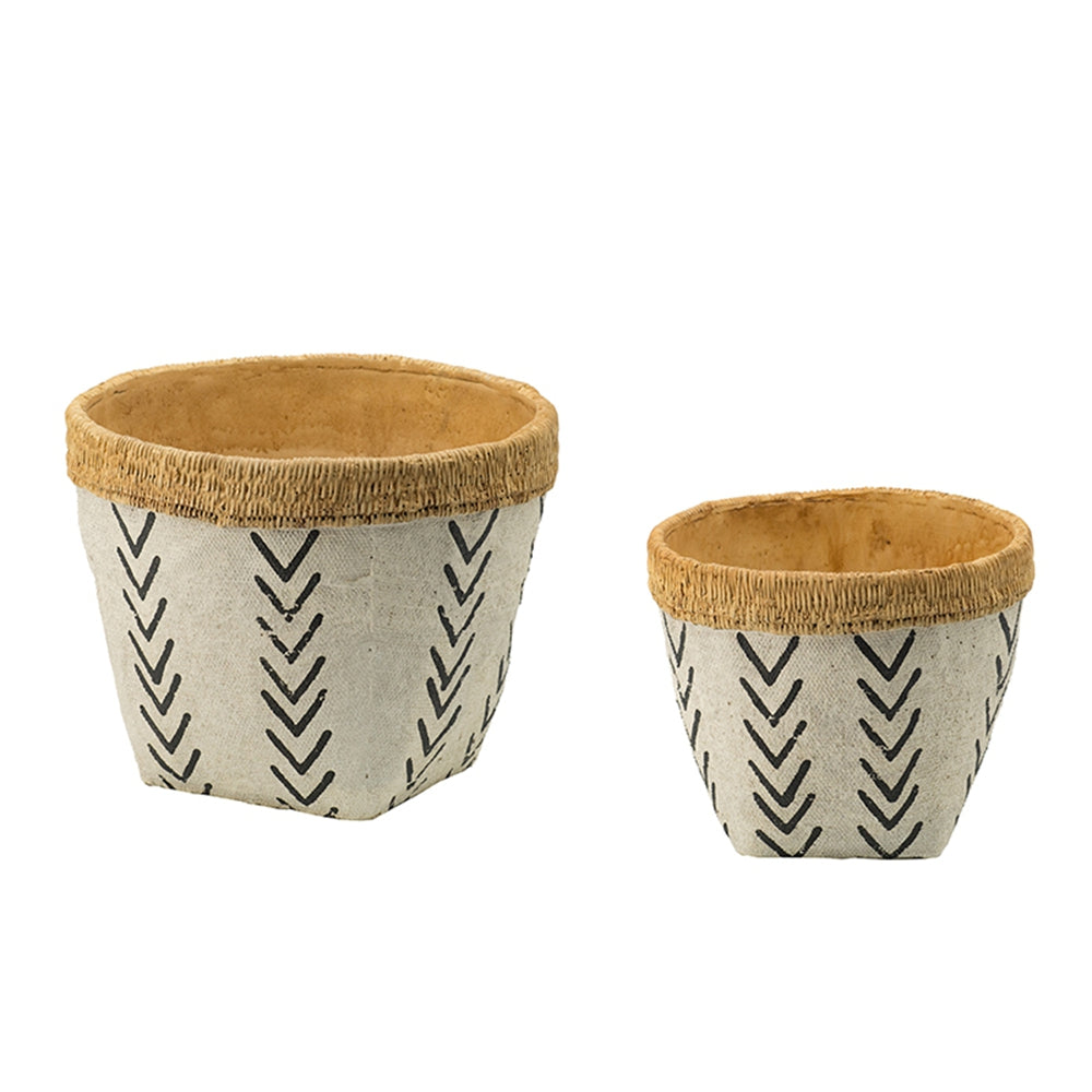 Set Of 2 White And Brown Cement Planters With V Pattern, L D10x8 S