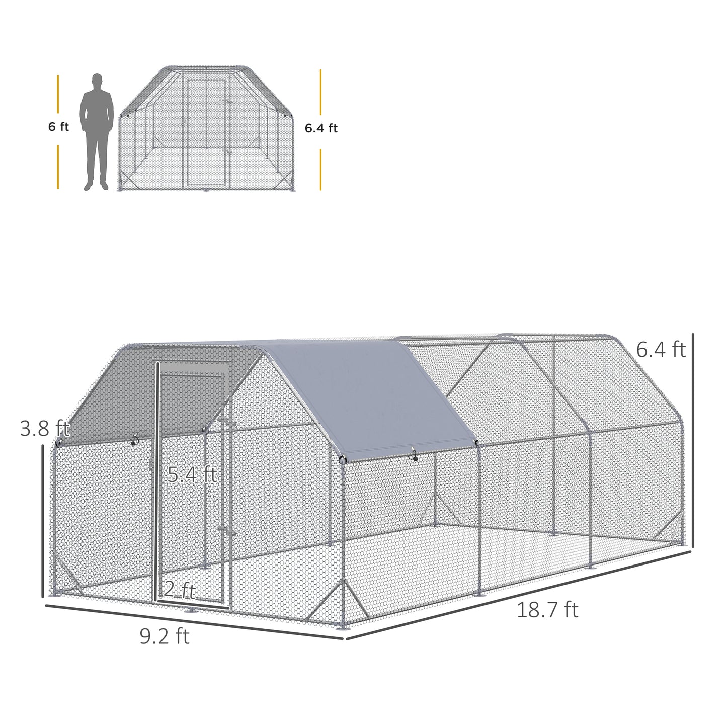 Large Metal Chicken Coop with Waterproof Cover - Walk-In Yard Fence, 18.7x9.2 ft