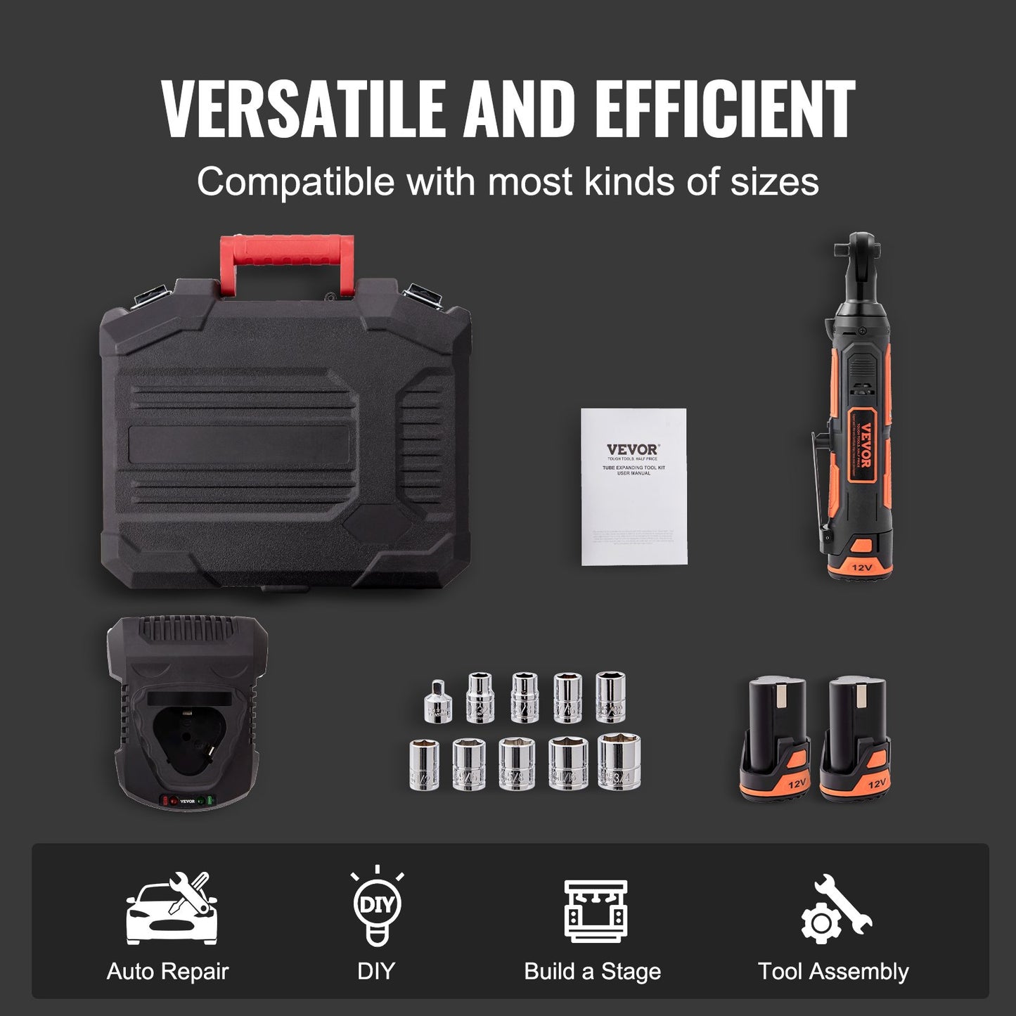 Cordless Electric Ratchet Wrench Set 12V 33 ft-lb Power Tool with 2 Batteries & 10 Sockets