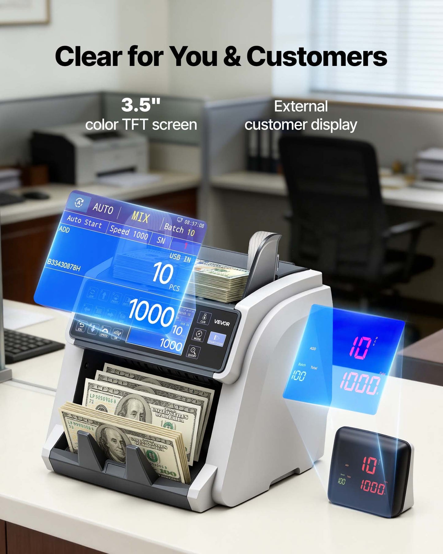 Digital Money Counter Machine with Multi-Currency & Counterfeit Detection - Black