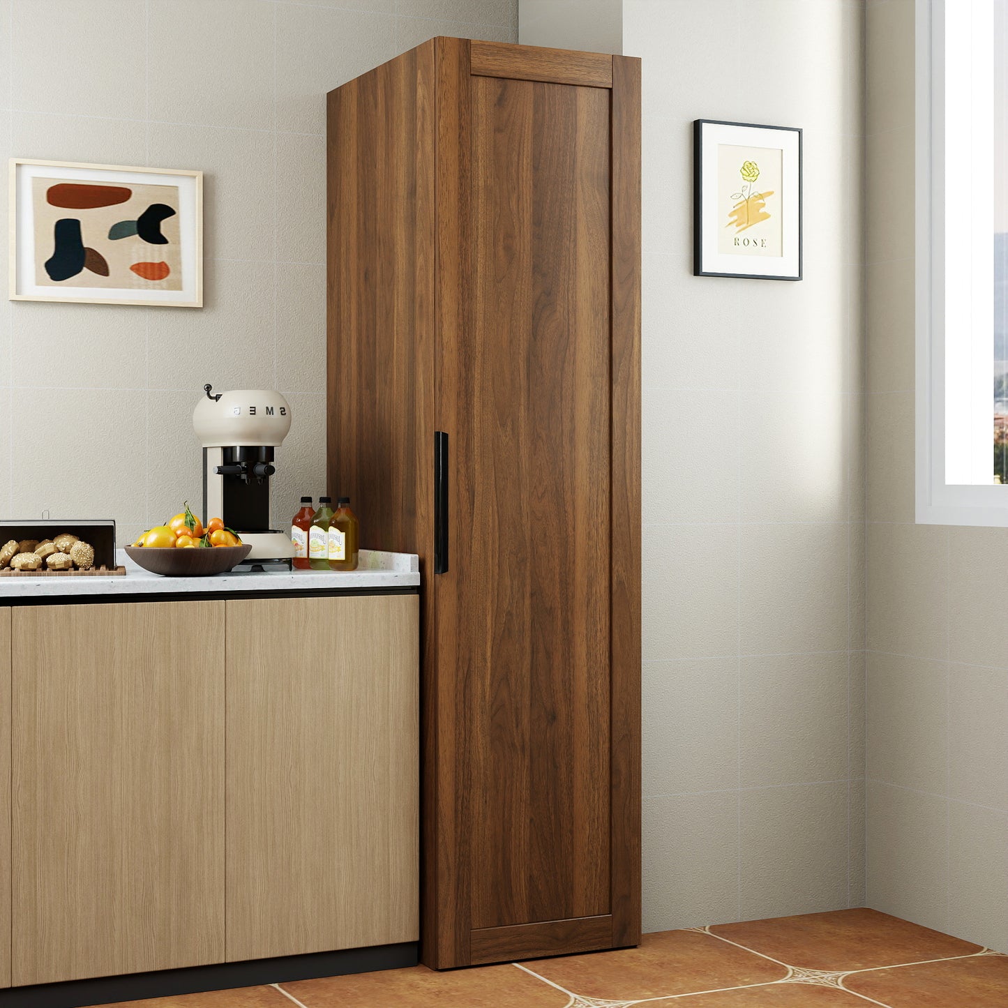 Walnut Kitchen Pantry Cabinet - Freestanding Sideboard with Doors & Shelves