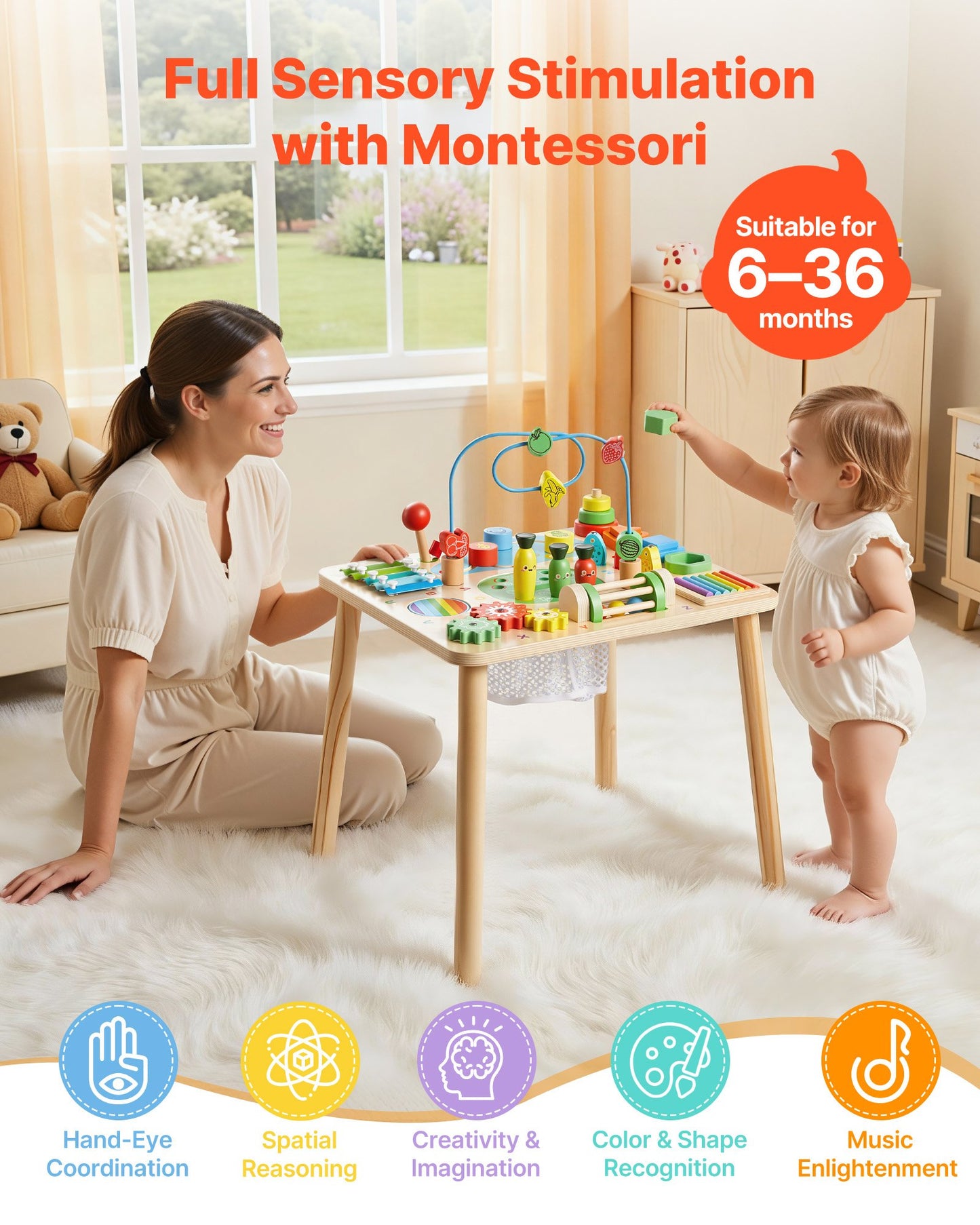 Wooden Montessori Activity Table for Toddlers 6+ Months - 13-in-1 Learning Desk, Baby Play Center
