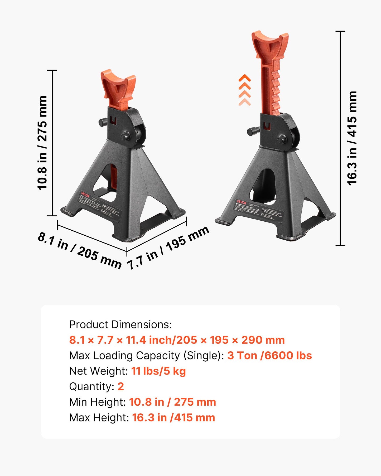 3 Ton Adjustable Car Jack Stands Set for SUVs, Pickup Trucks & ATV/UTV - Heavy Duty Steel with Locking - Black and Orange