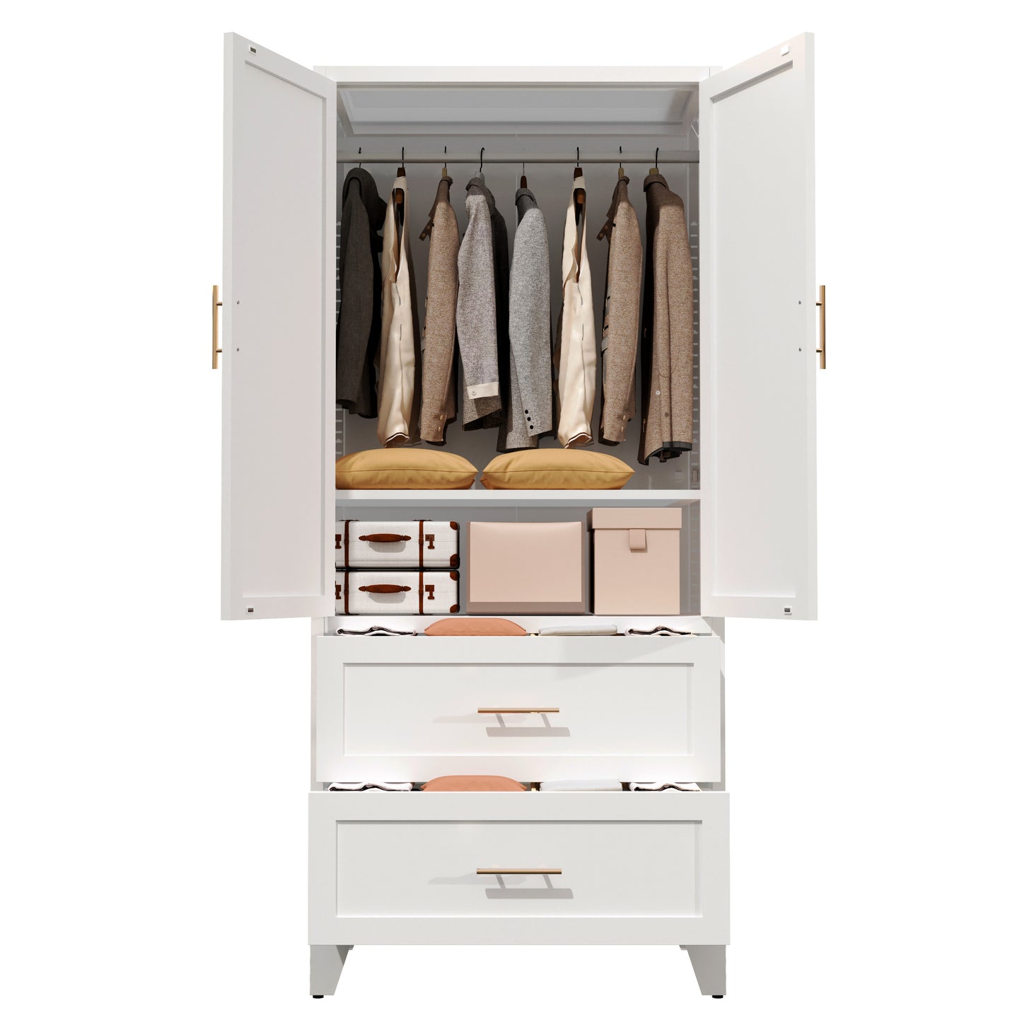 71-Inch Tall Metal Wardrobe Cabinet with 2 Drawers & Hanging Rod - White