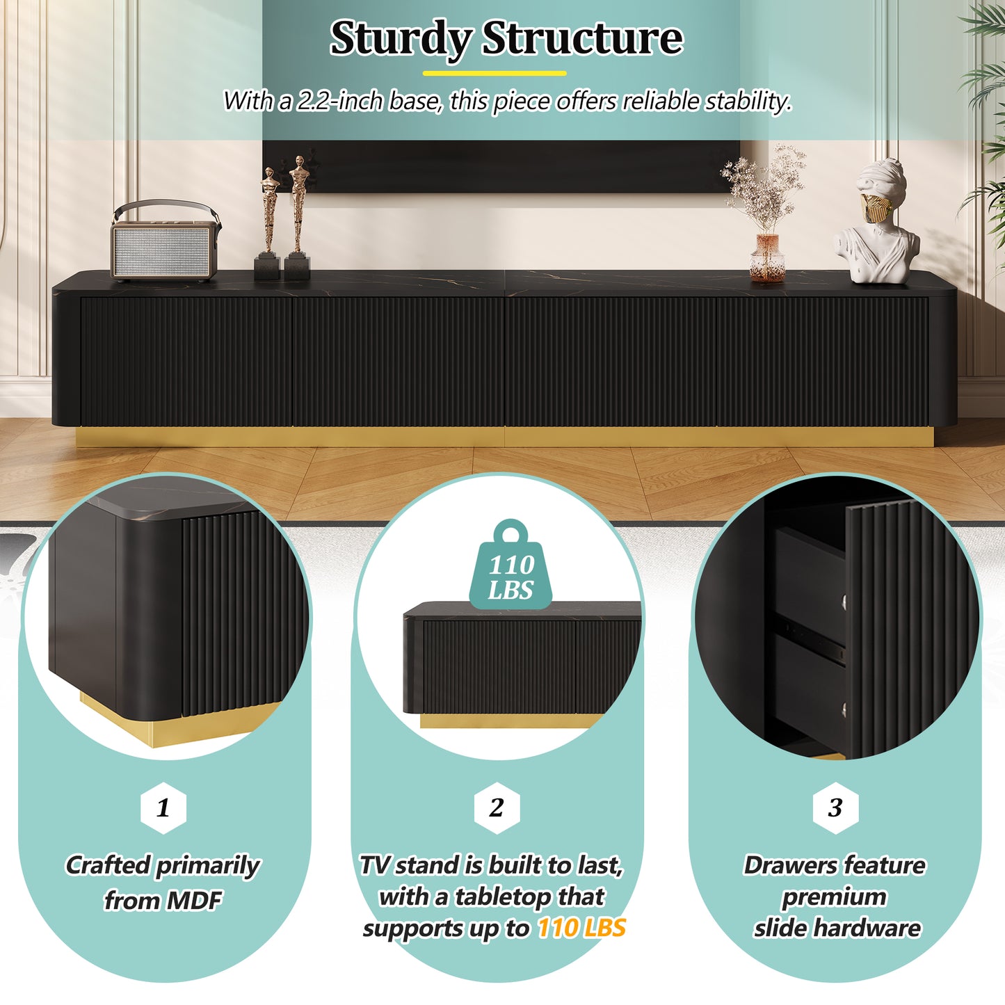 Modern Faux Marble TV Stand for TVs Up to 85" - Black
