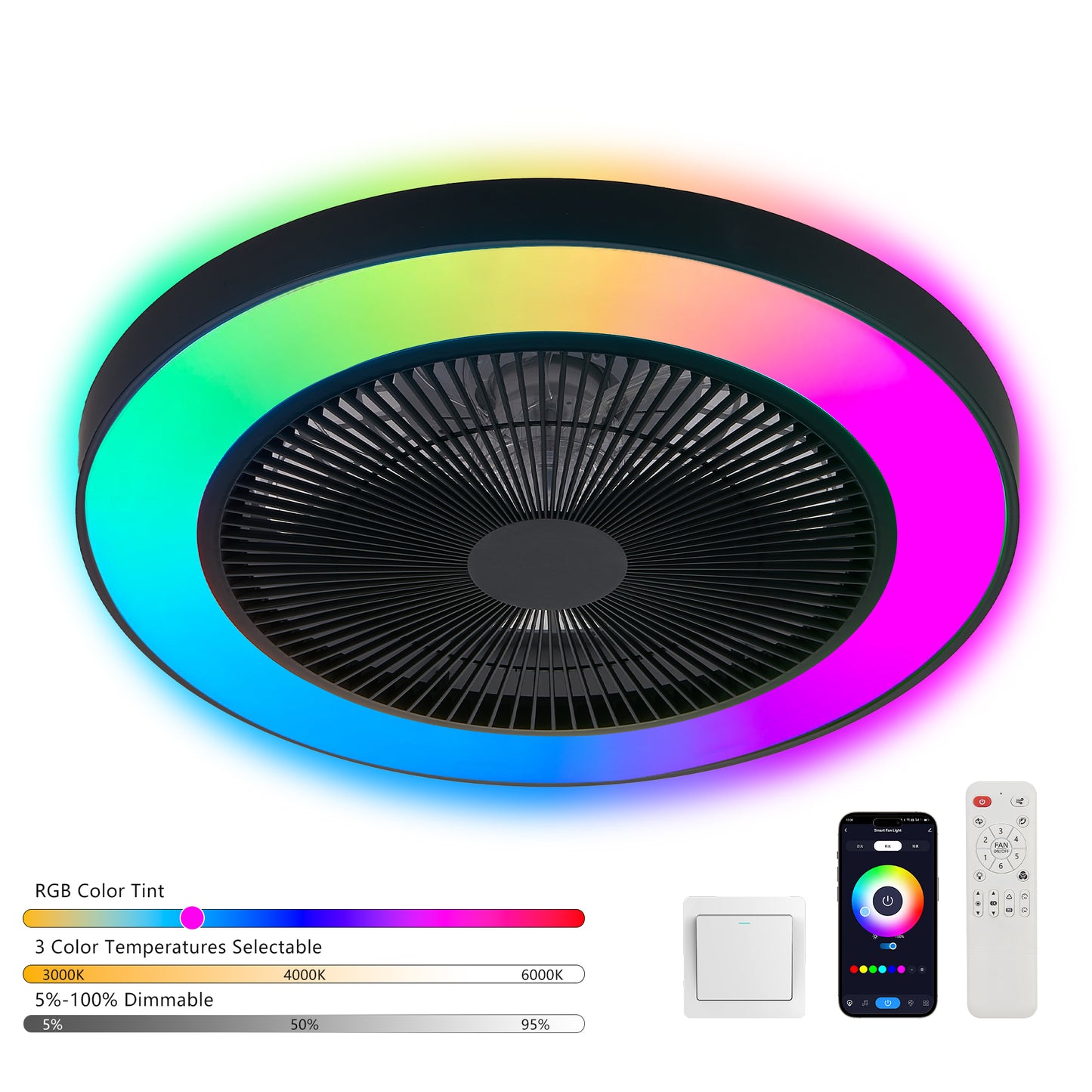 19-Inch Black Ceiling Fan Light with RGB LED & Remote Control