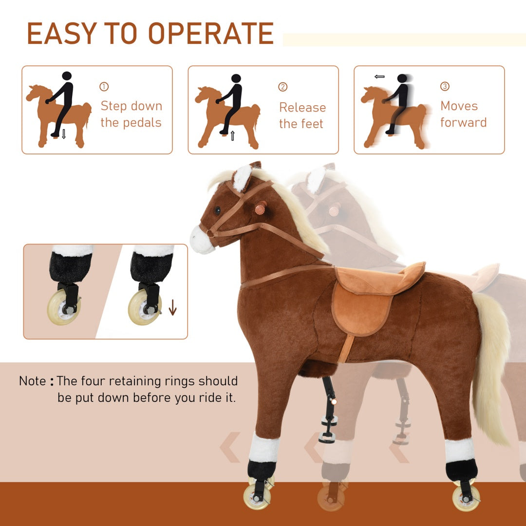 Kids Ride-On Walking Horse with Soft Plush Body - Brown