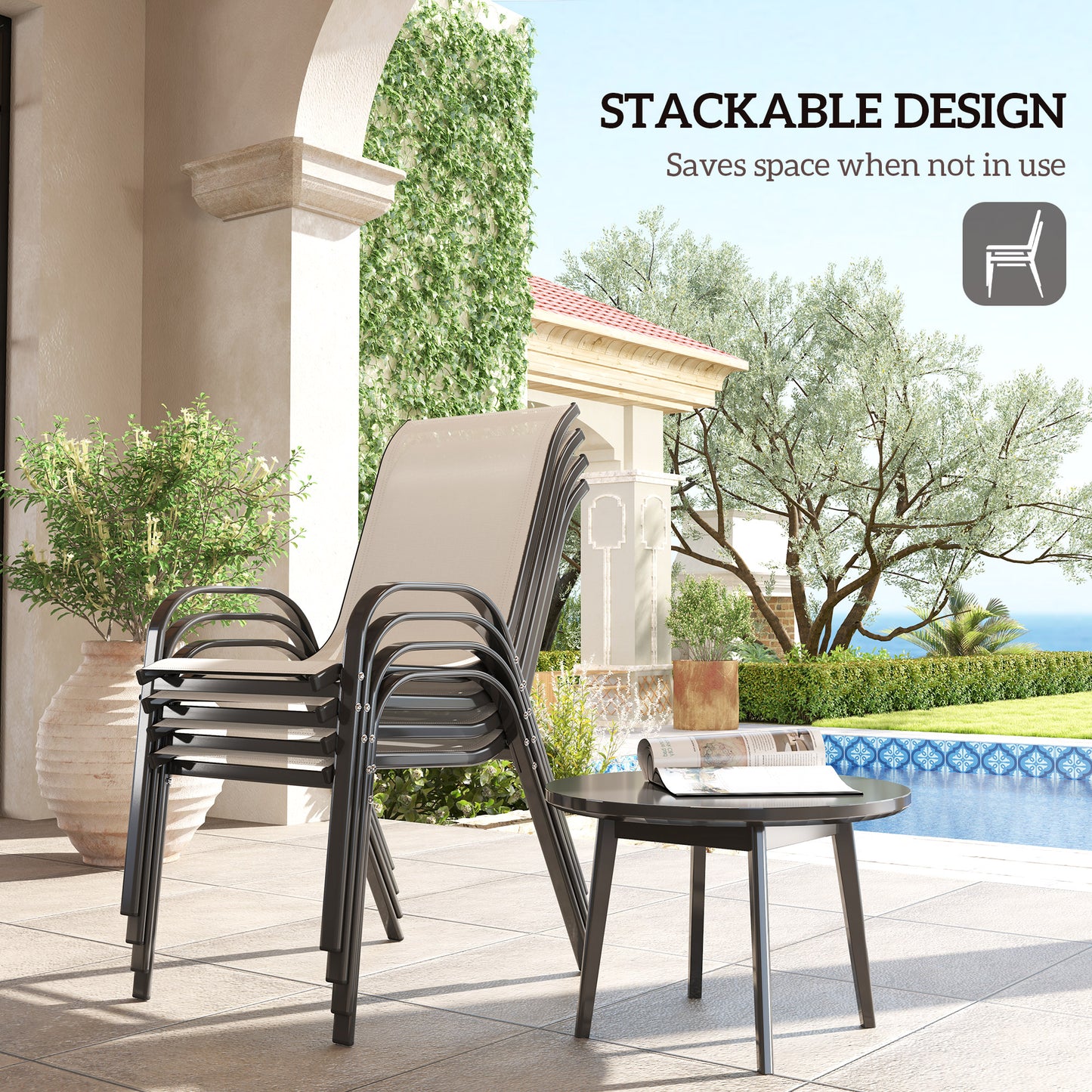 Set of 4 Stackable Outdoor Dining Chairs - Beige Mesh Seats