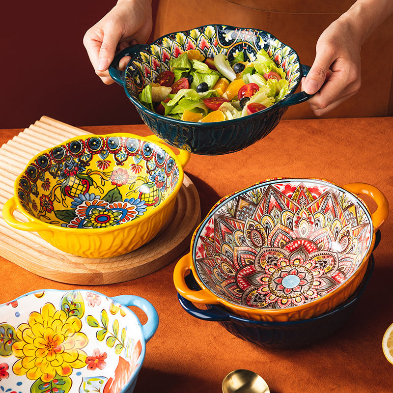 Ceramic Hand-Painted Flower Pattern Noodle Bowl with Double Handles - 950ML