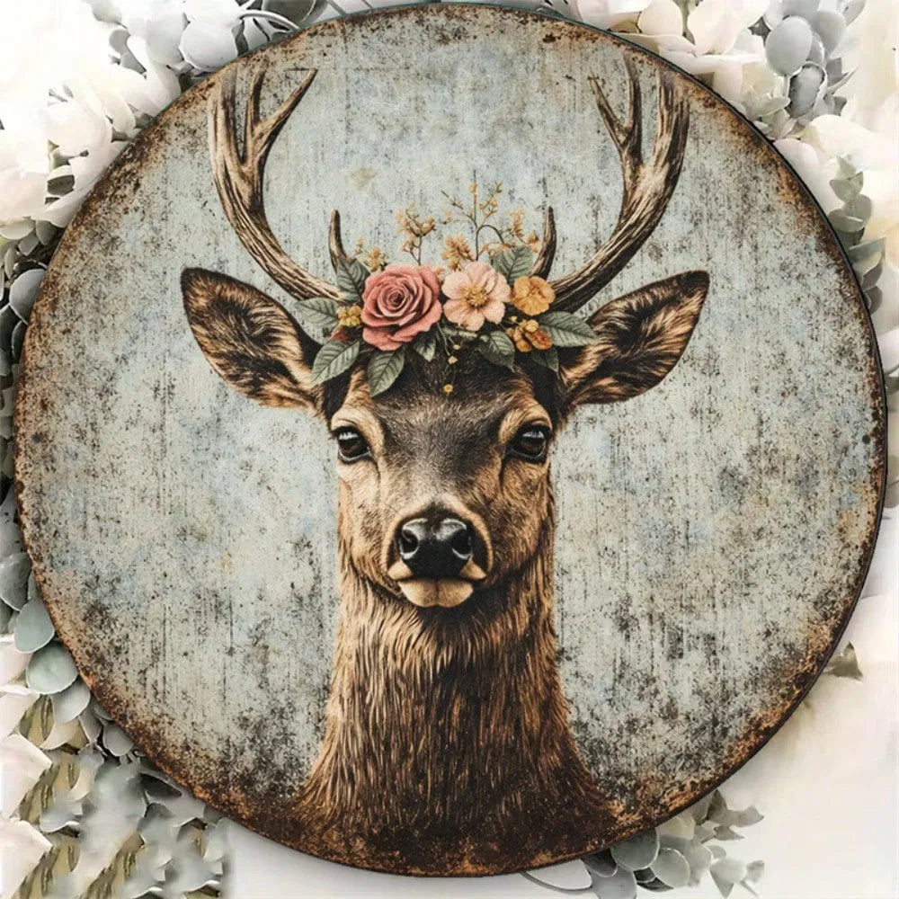 Vintage Deer Head Wreath Sign - 8x8 Inch Metal Plaque