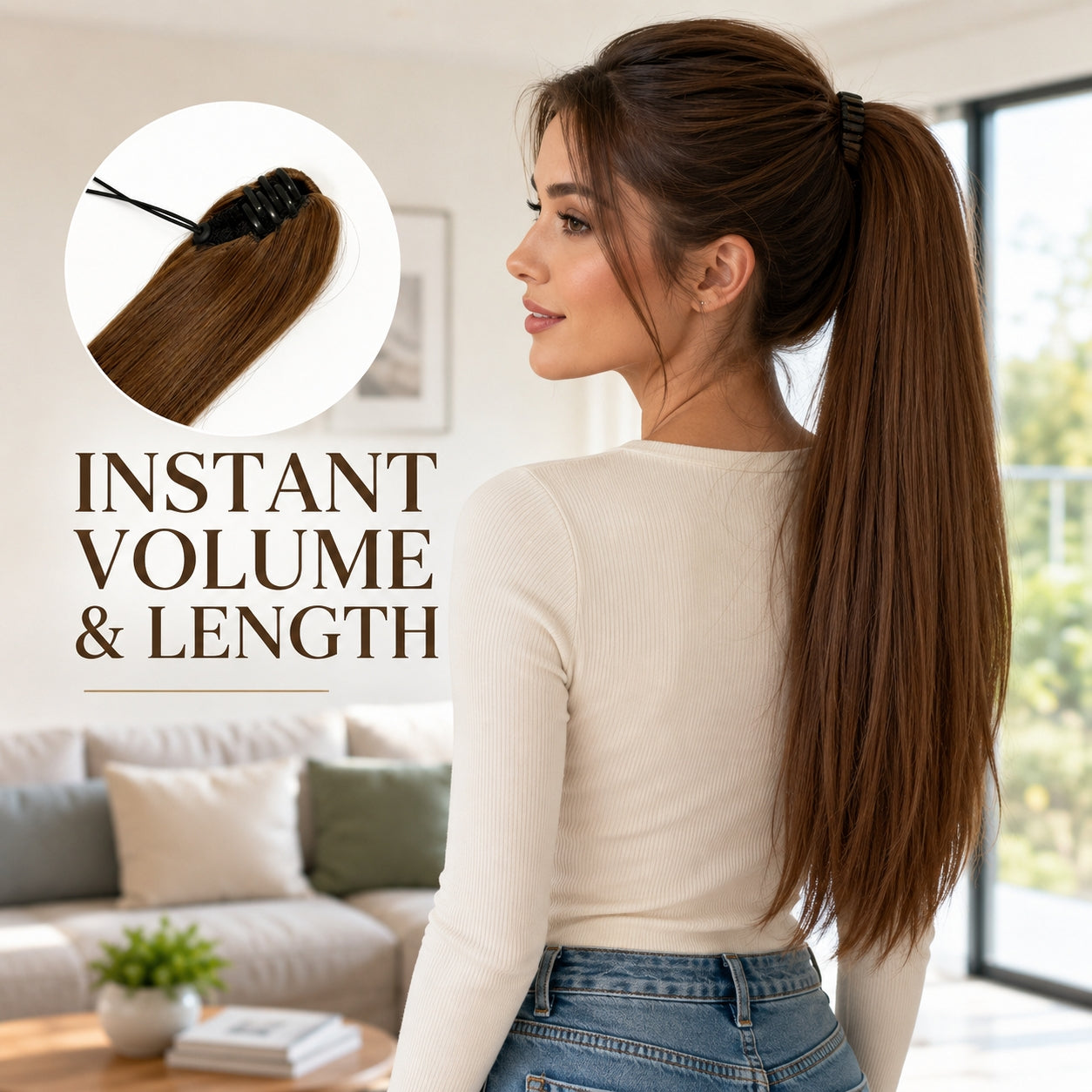 Long Straight Ponytail Extension - Drawstring Ombre Brown Hairpiece
