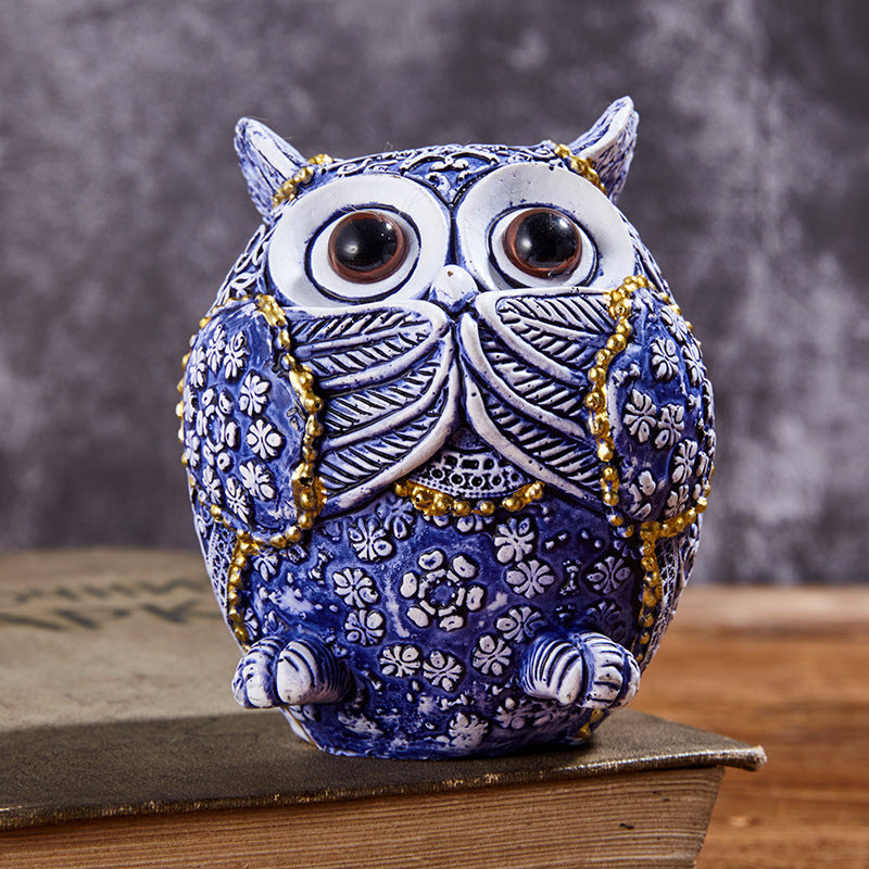 Blue and White Owl Resin Ornaments - Home Decor Garden Accents