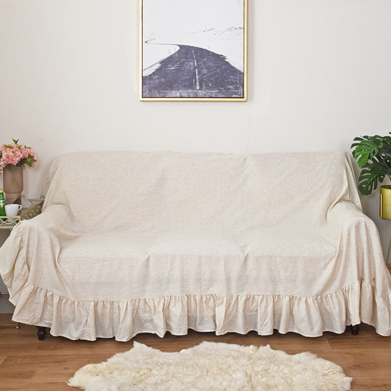 Linen-Colored Ruffled Edge Sofa Cover - Full-Cover Dust Protector