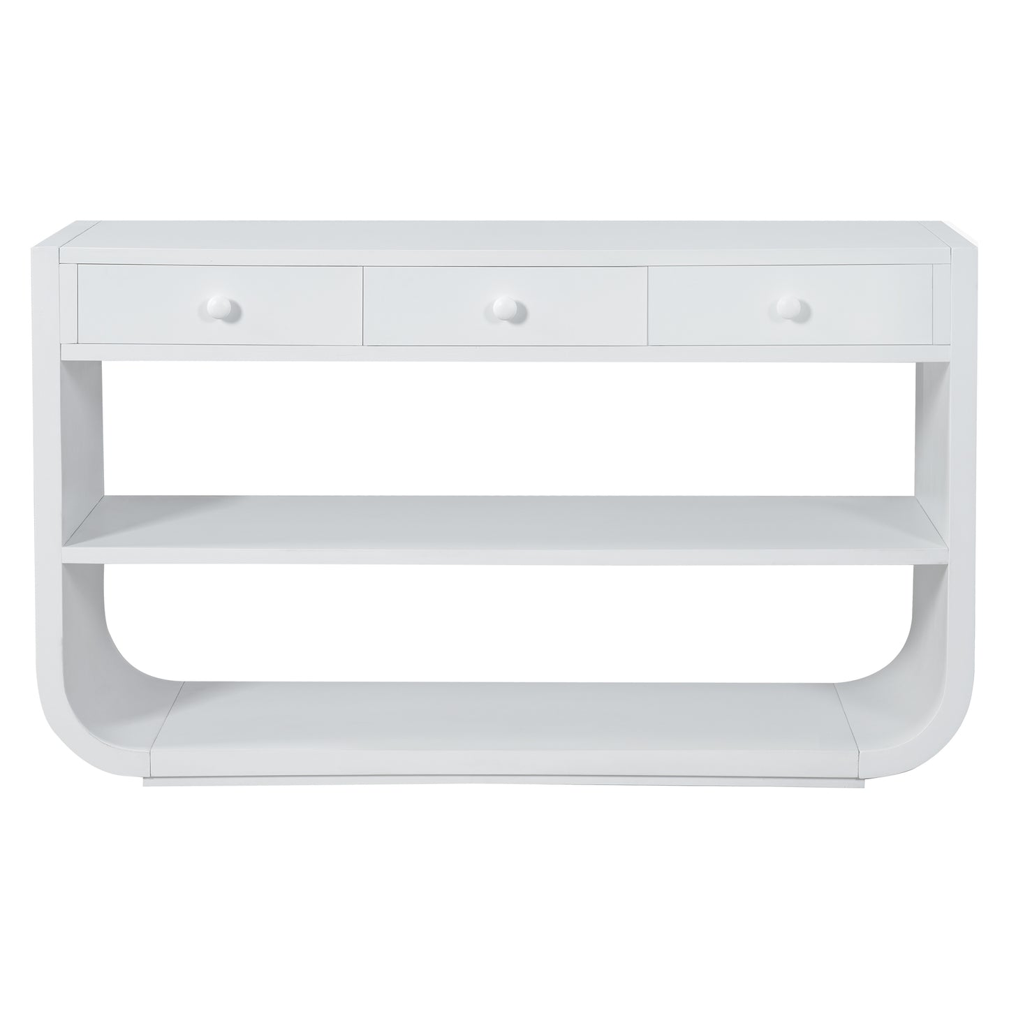 Modern Curved Console Table with 3 Soft-Close Drawers & 2 Shelves - White