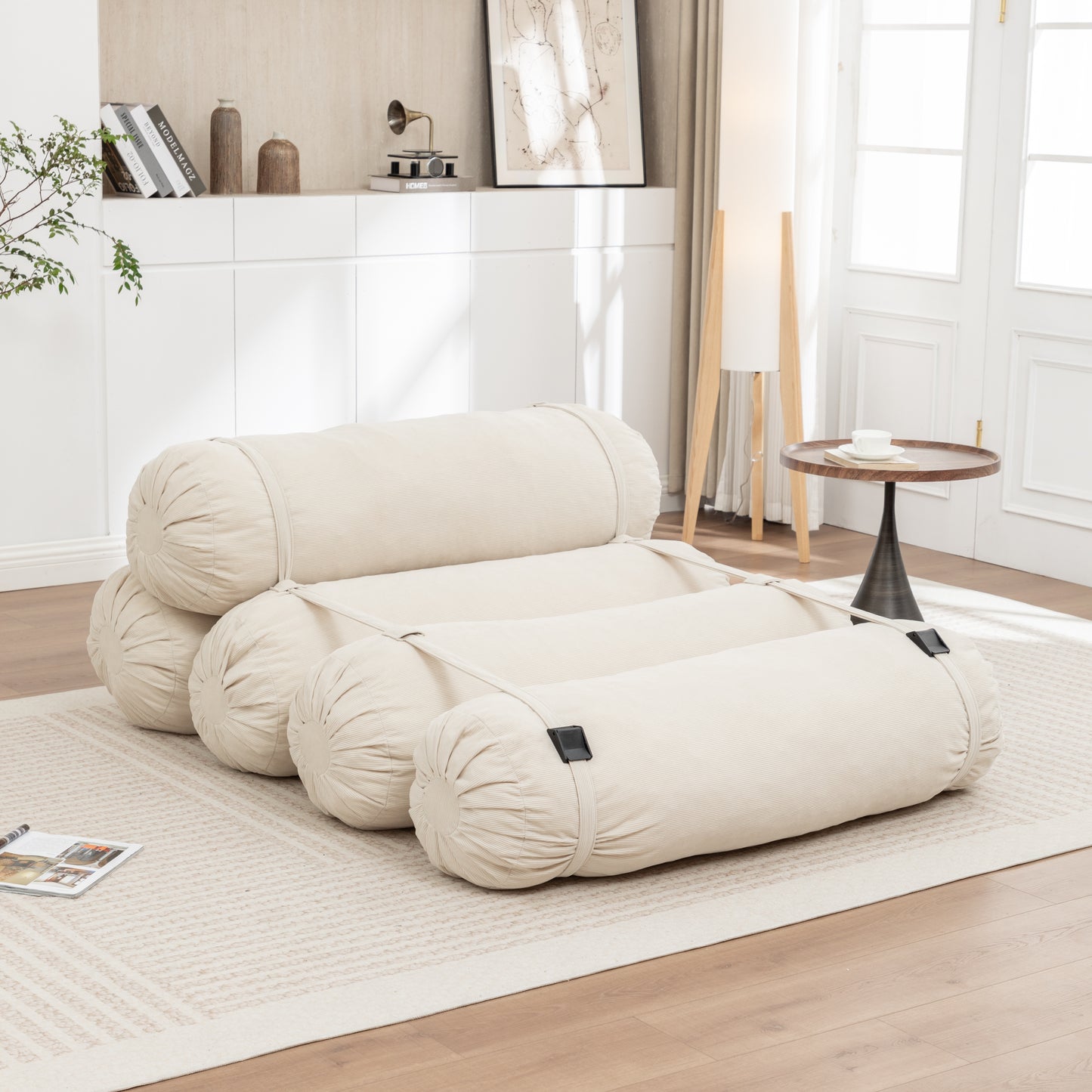 Adjustable Corduroy Floor Sofa - Beige Multi-Person Lounger