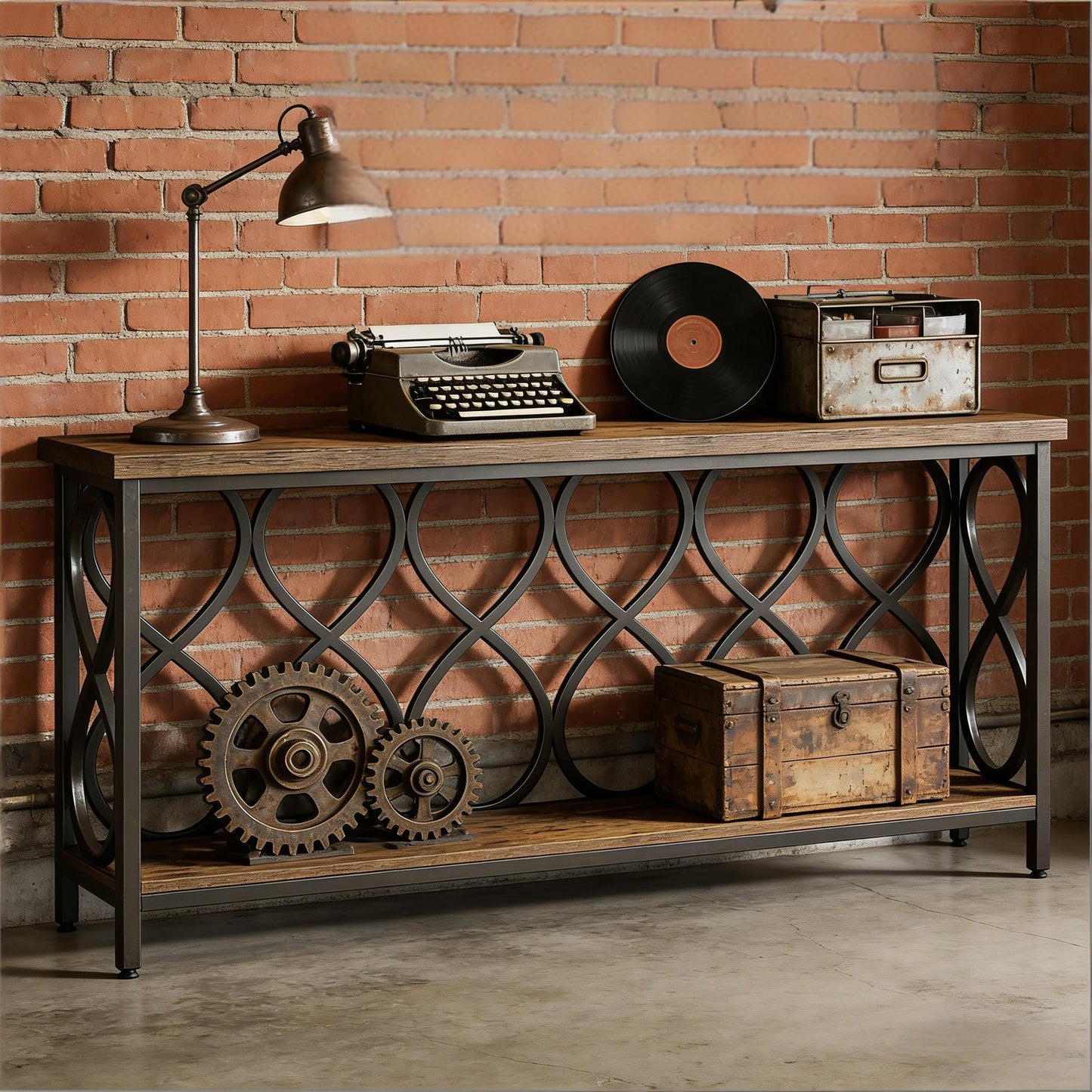 2-Tier Console Table - Rustic Brown & Black Metal Entryway Table