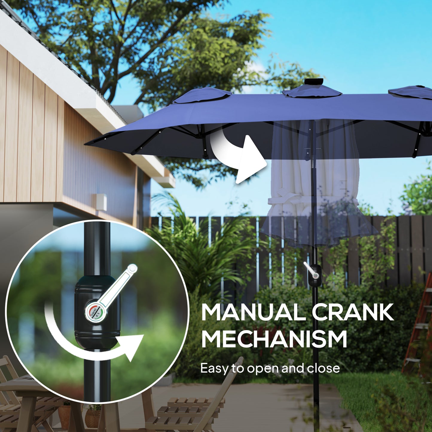 Double-Sided Patio Umbrella with LED Solar Lights - Navy Blue