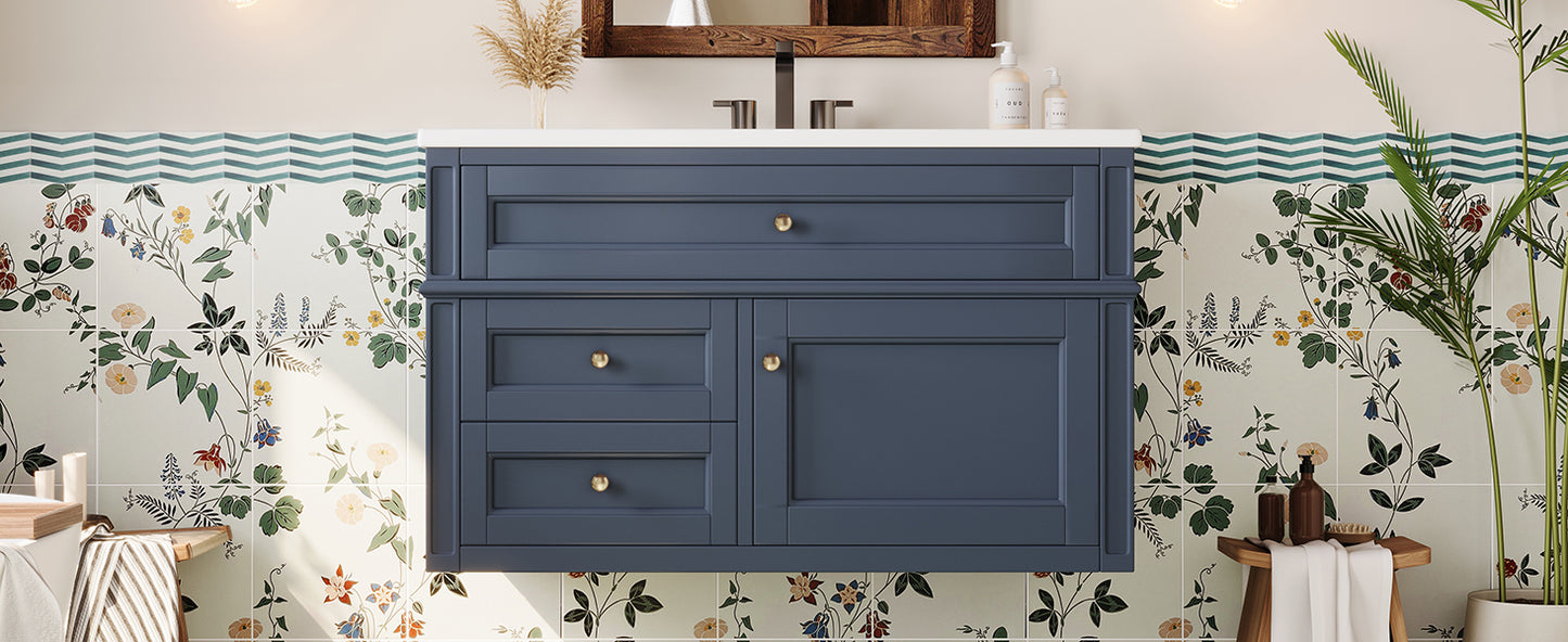 36-Inch Wall Mounted Bathroom Vanity with Ceramic Sink - Blue