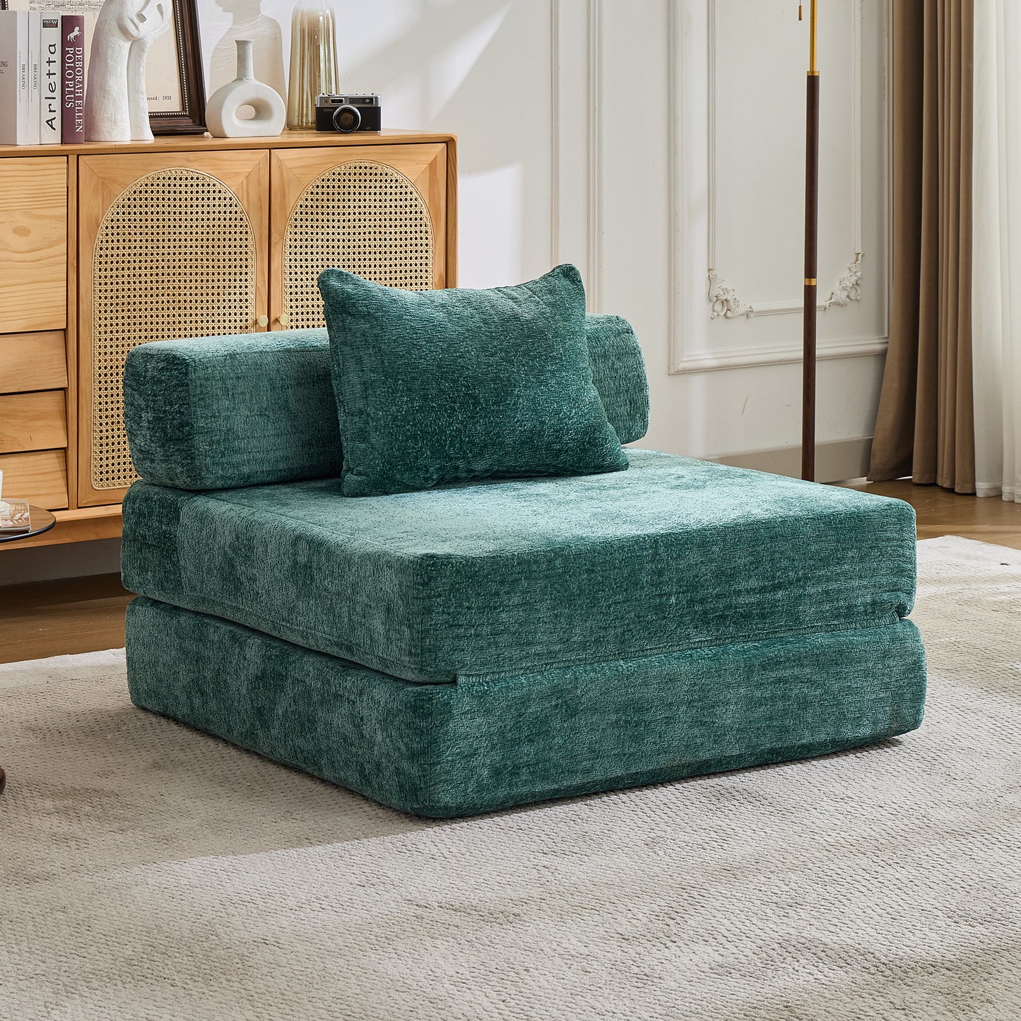Convertible Floor Sofa Bed - Dark Green Chenille Fabric