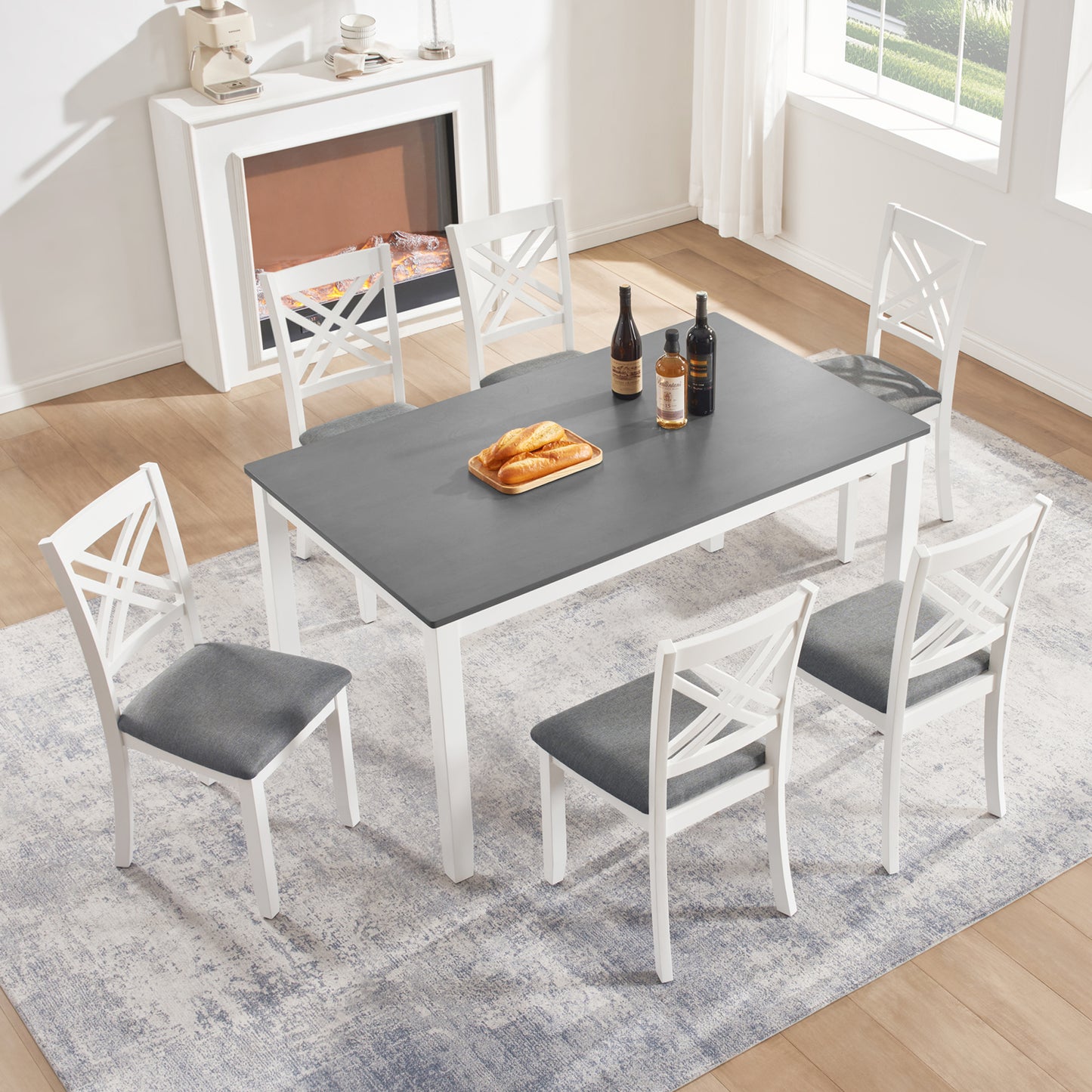 7-Piece Solid Wood Dining Set with 6 Upholstered Chairs - Grey & White