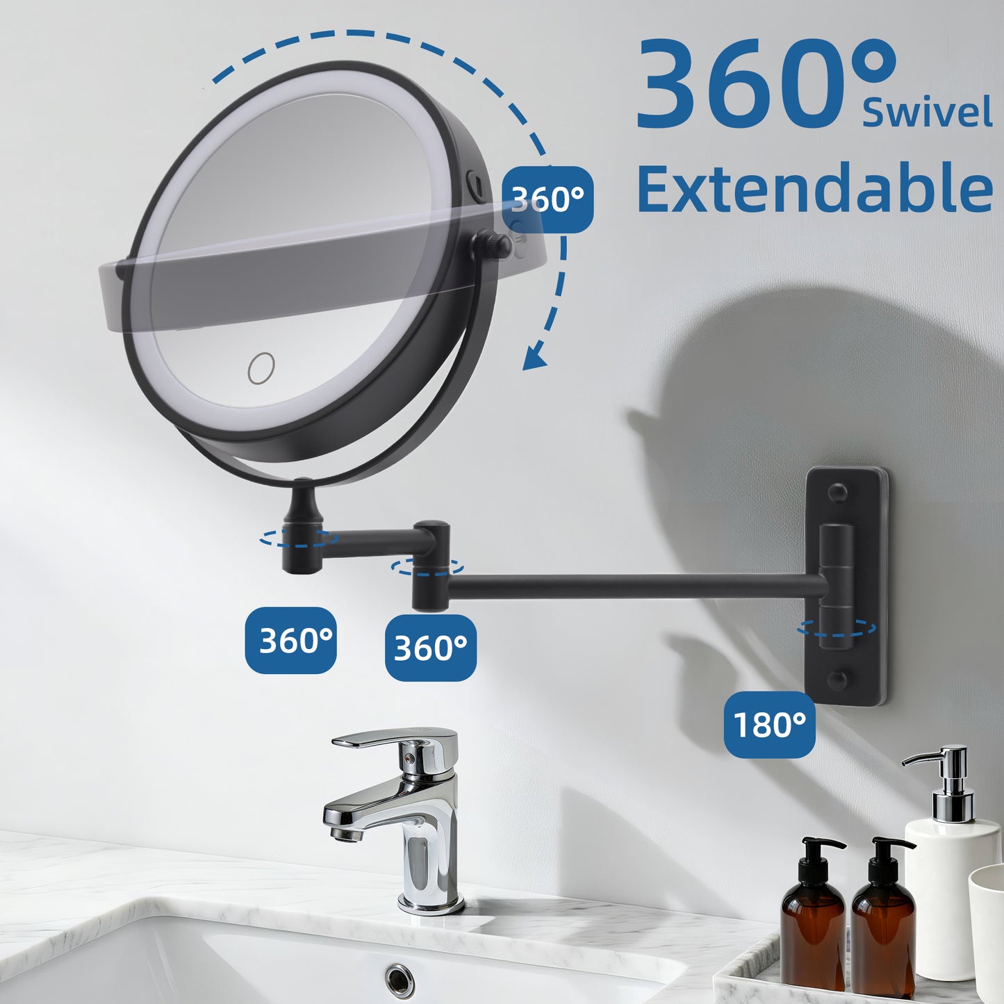 Wall Mounted Lighted Makeup Mirror - 1X/10X Magnification, Rechargeable, Touch Dimmable, 3 Color Lights, Black