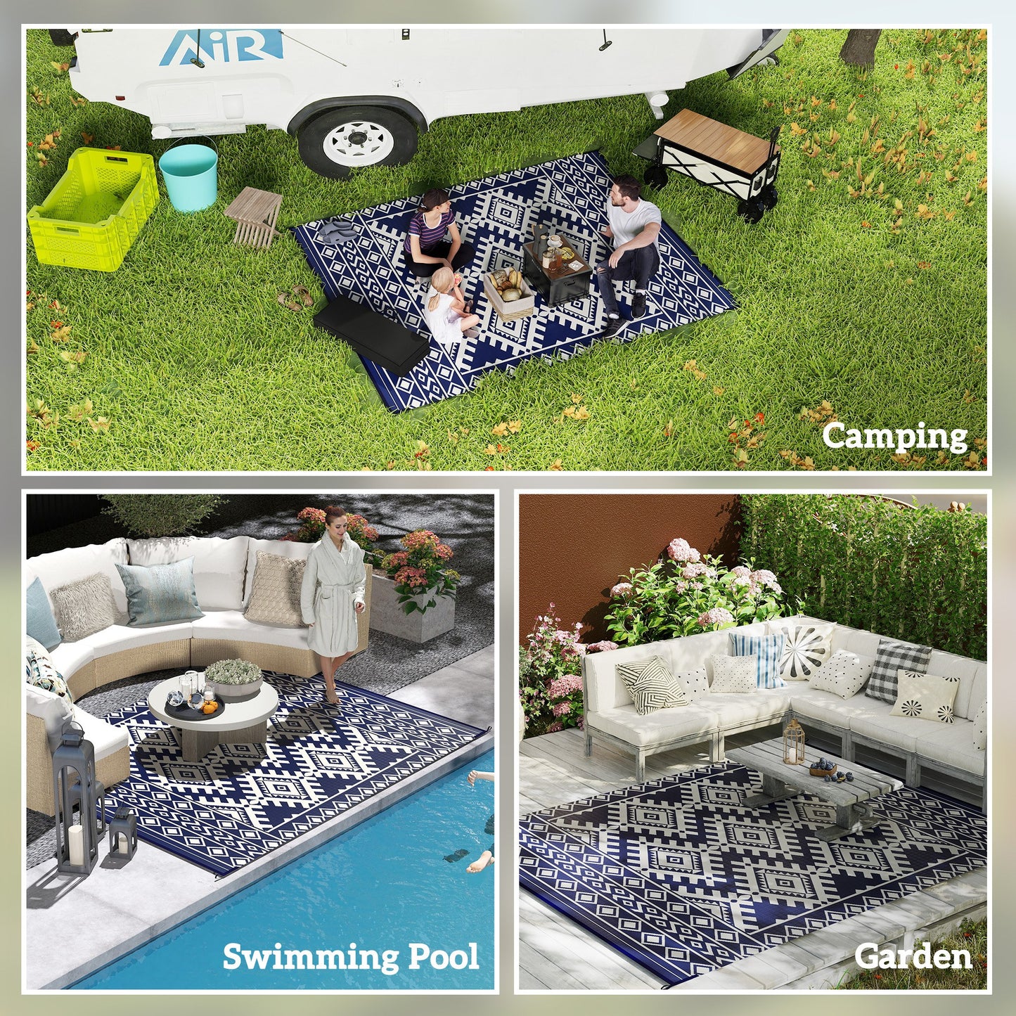 Reversible Outdoor Rug - Waterproof Polypropylene, 8' x 10', Blue & White