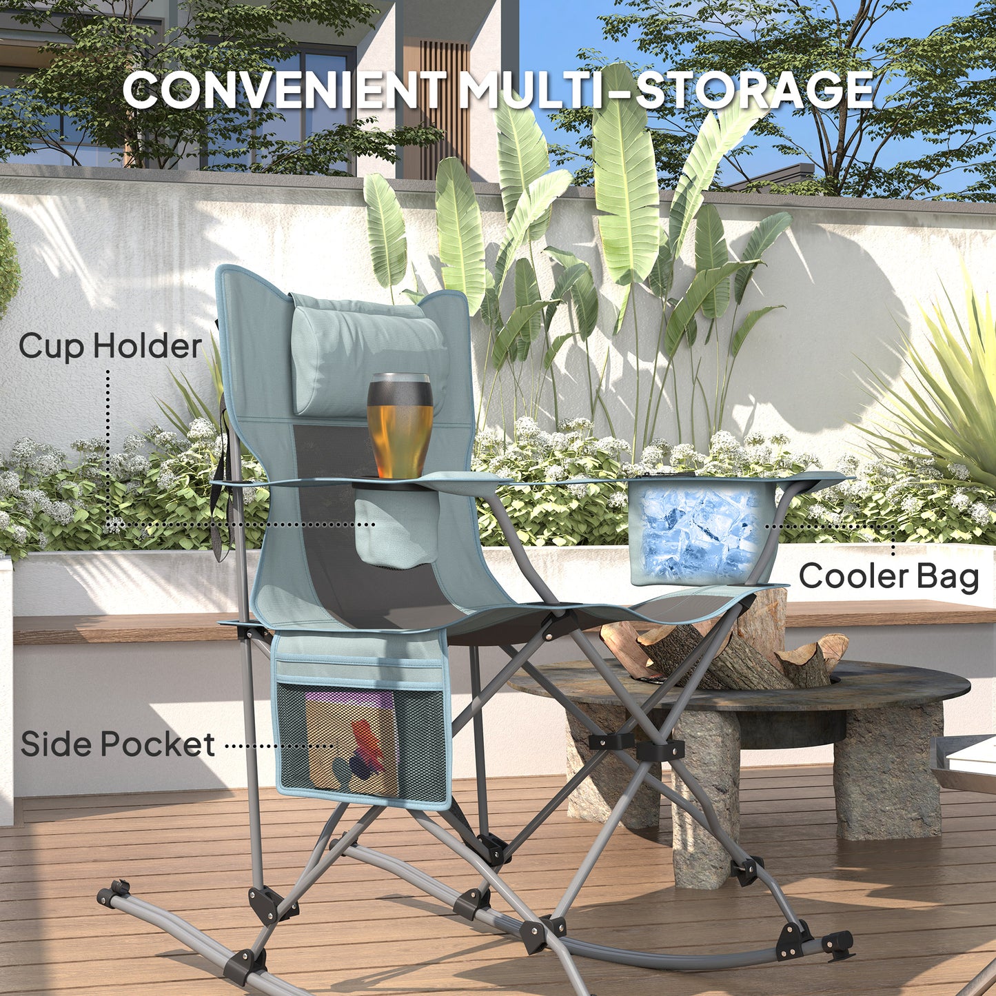 Folding Rocking Camping Chairs Set with Cooler Bag & Cup Holder - Gray