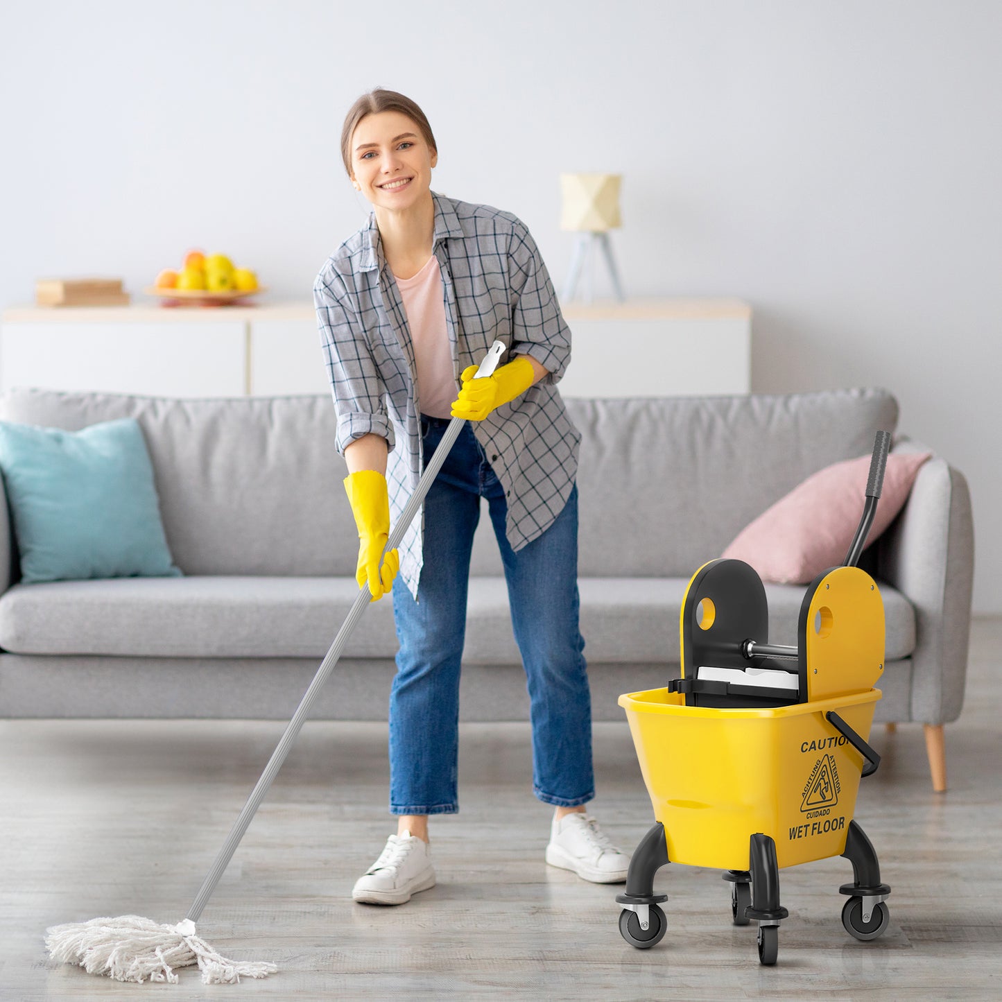 Yellow Mop Bucket with Wringer and Wheels - 27.5 Quart Floor Cleaning Cart