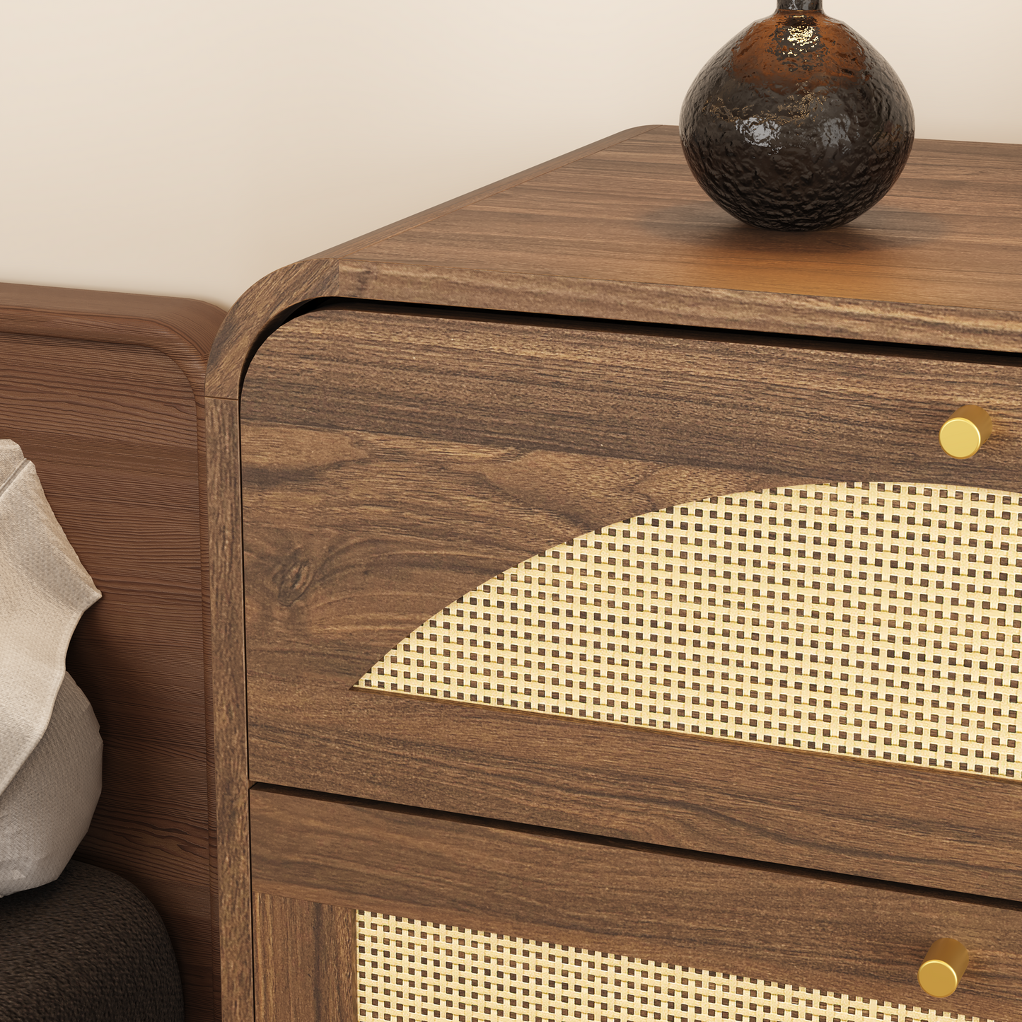 Walnut 8-Drawer Dresser with Rattan Front - Modern Storage Cabinet