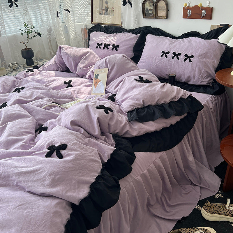 Cream Ins Girl Bow Lace Cotton Bedding Set - Multiple Sizes & Patterns