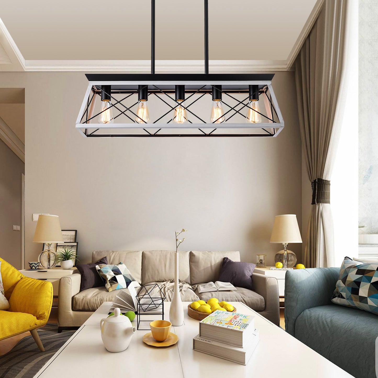 32-Inch Black & White Industrial 5-Light Pendant Chandelier - Adjustable Hanging Light