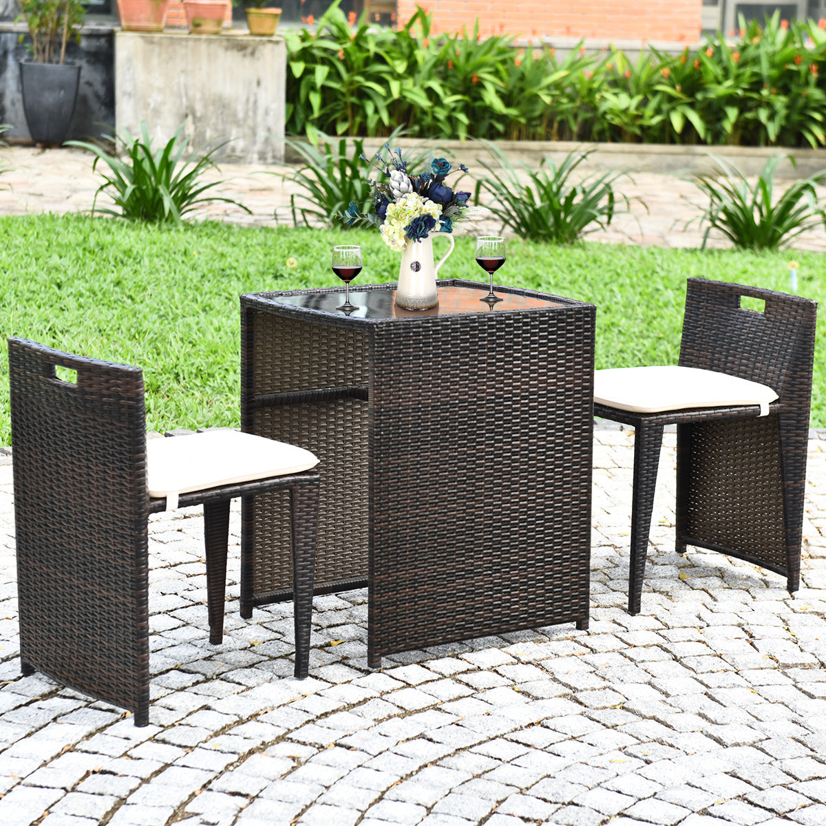 Cushioned Wicker Patio Bistro Set - No Assembly Needed