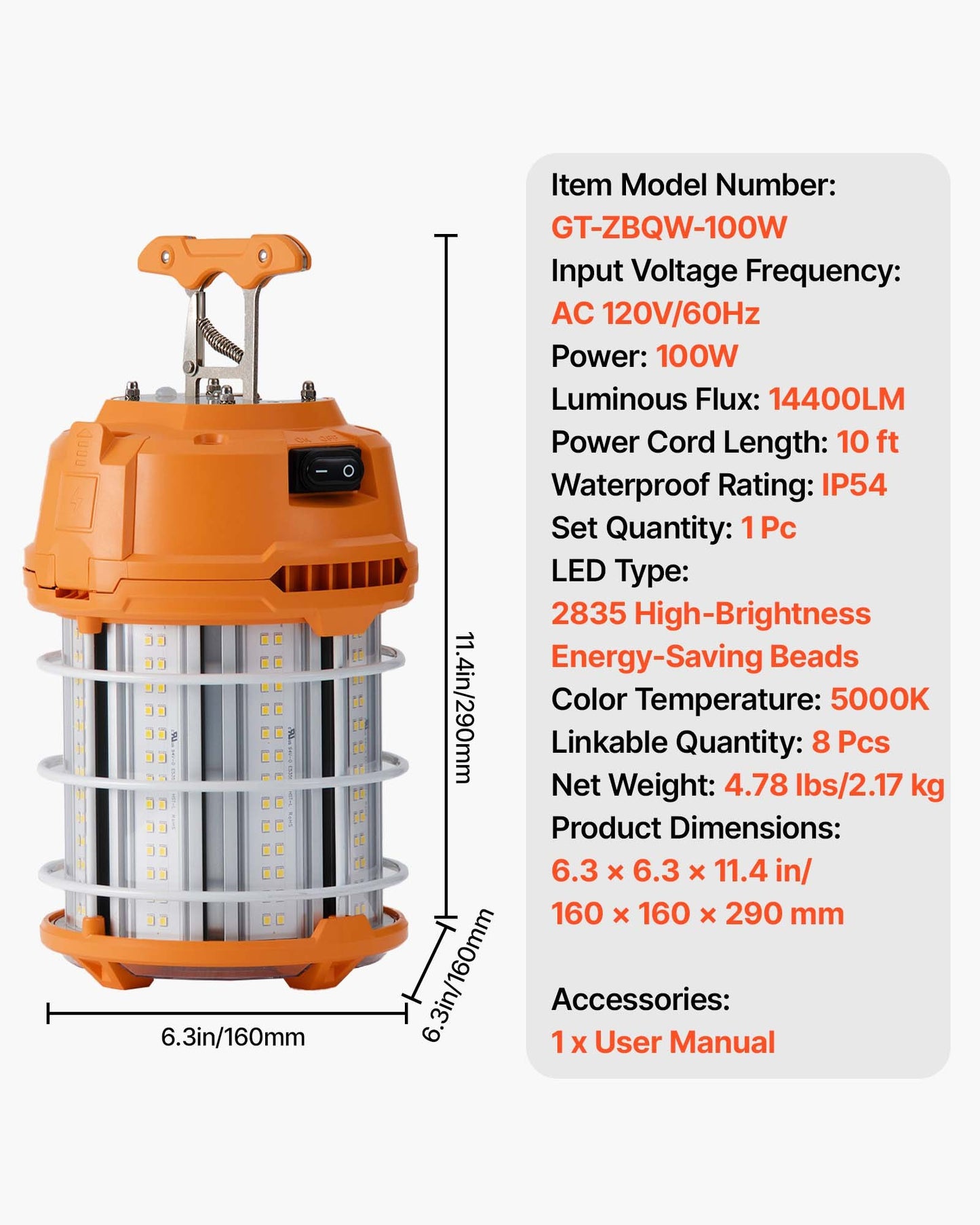 100W LED Work Light with 14400 Lumens, Water-Resistant, Linkable for Construction & Workshop