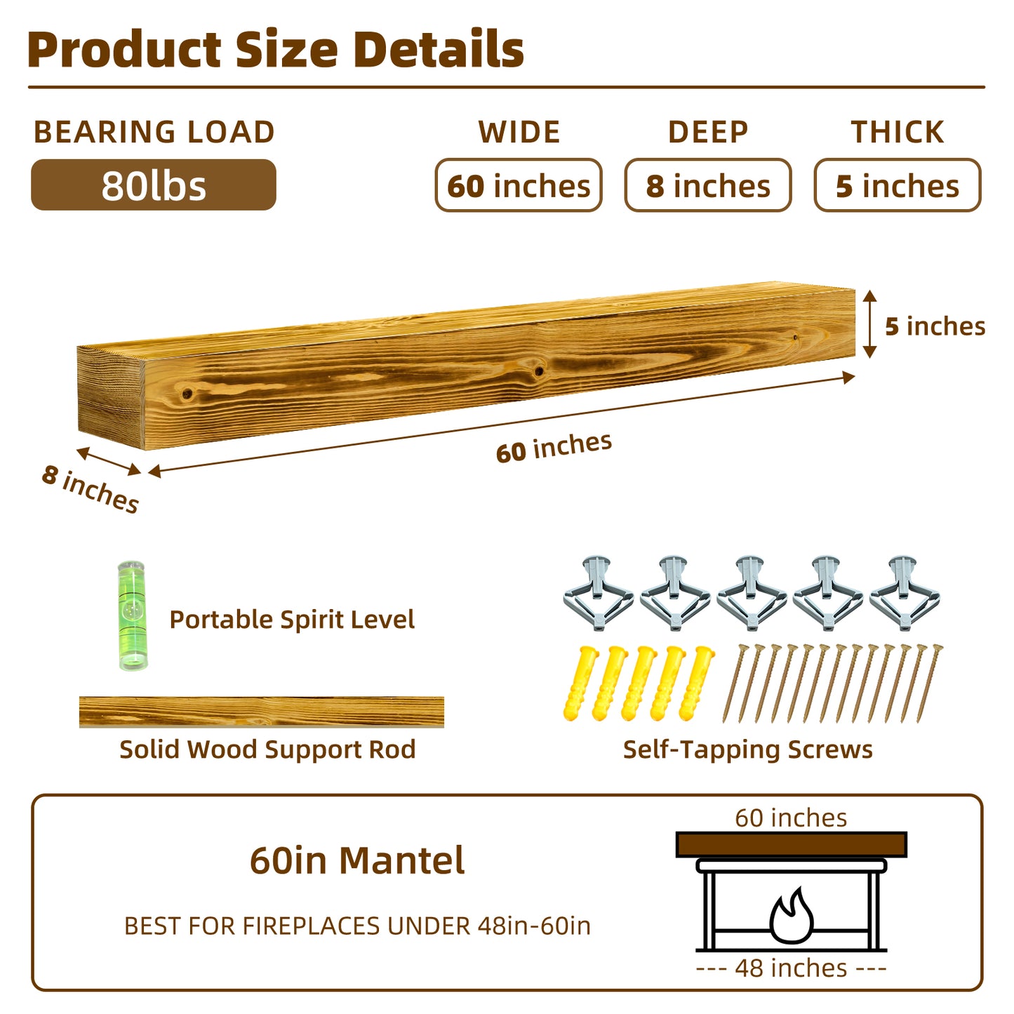 60 Fireplace Mantel, Rustic Mantle Shelf With Invisible Brackets,