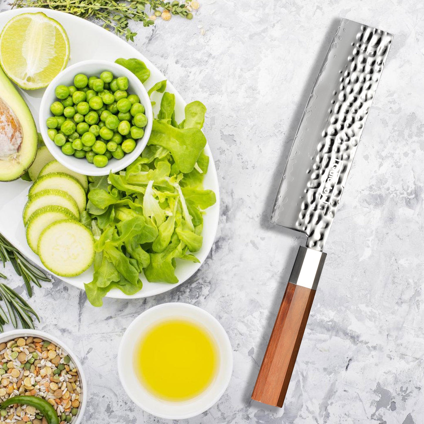 Japanese Nakiri Knife - 7-Inch Hammered Steel Blade with Olivewood Handle