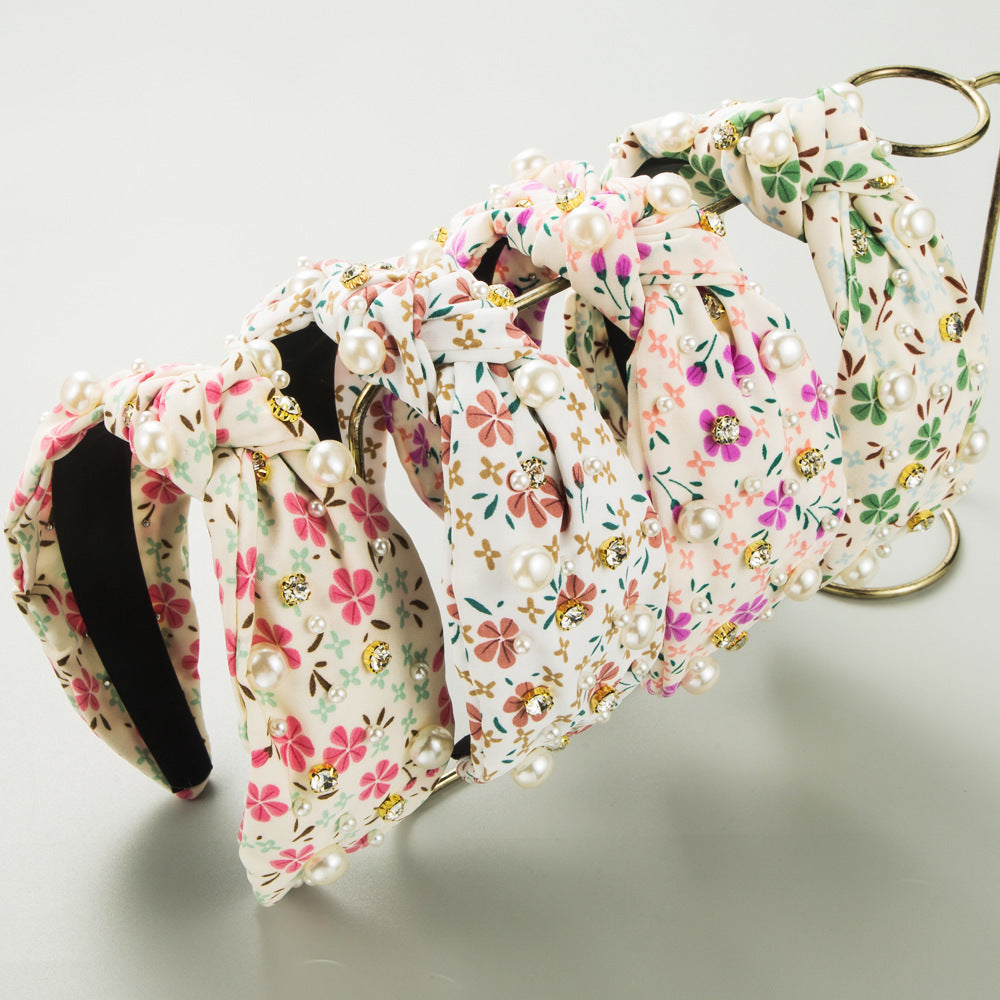 Floral Knotted Rhinestone Hair Band - Rose Red