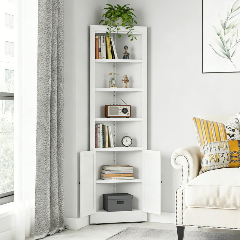 71-Inch White Corner Storage Cabinet with 5-Tier Shelves