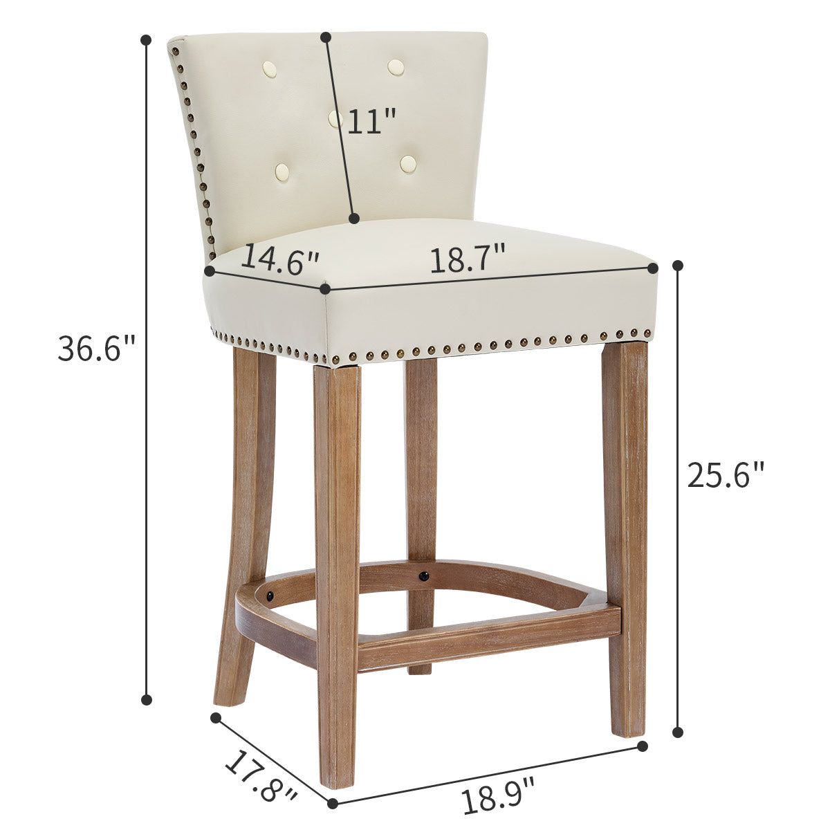 Beige Leather Bar Stools - Fixed Height Dining Chairs (2pc)
