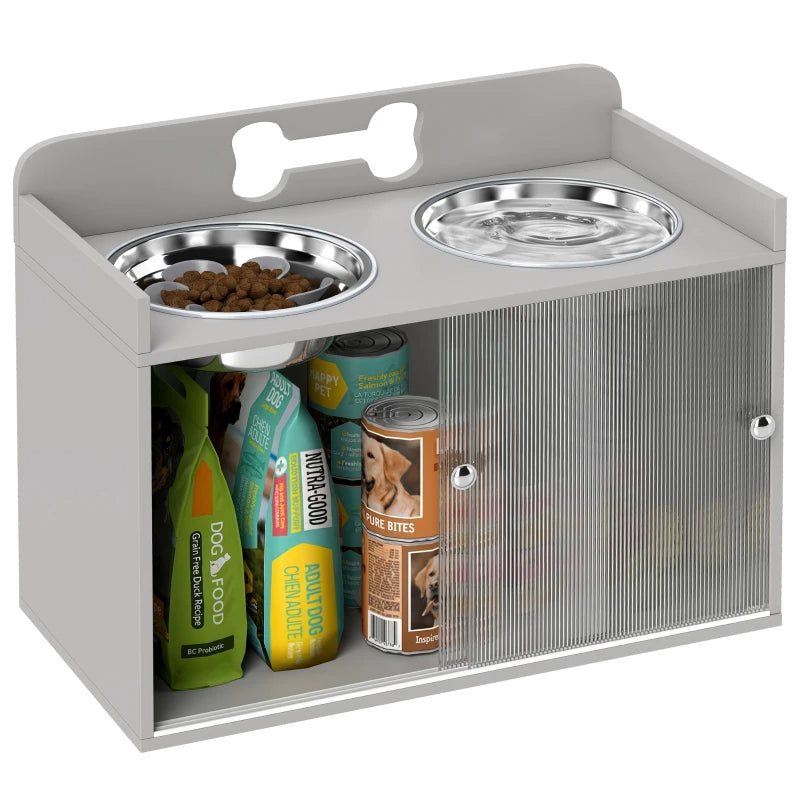 Elevated Dog Bowl Stand with Storage and 2 Stainless Steel Bowls - Large Dogs, Gray