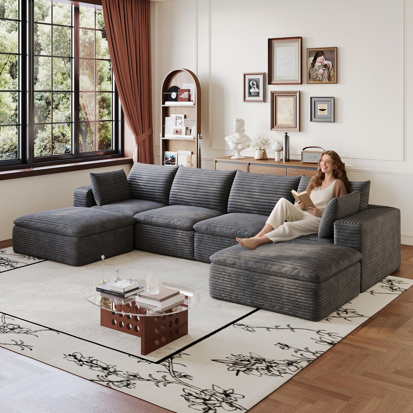 134" Cloud Sofa - Corduroy Fabric, Deep Seat Couch, Dark Grey