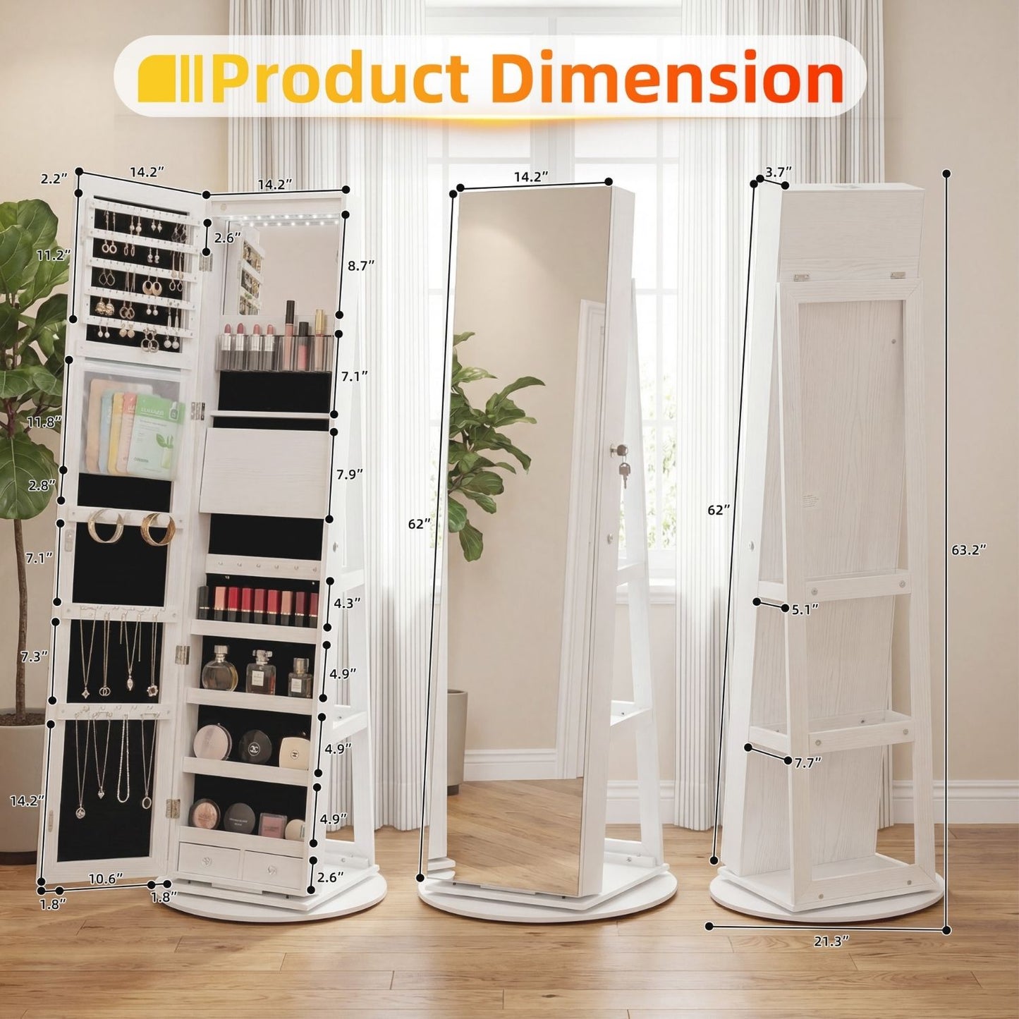 Rotating Jewelry Armoire with Full Length Mirror - Multiple Colors
