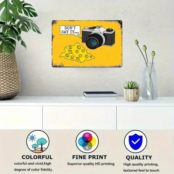 Vintage Camera & Cheese Metal Tin Sign - 8x12 Inch Wall Art