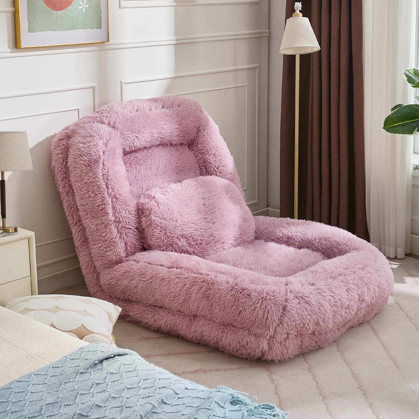 Adjustable Lazy Sofa Bed - Plush Fabric, Pink