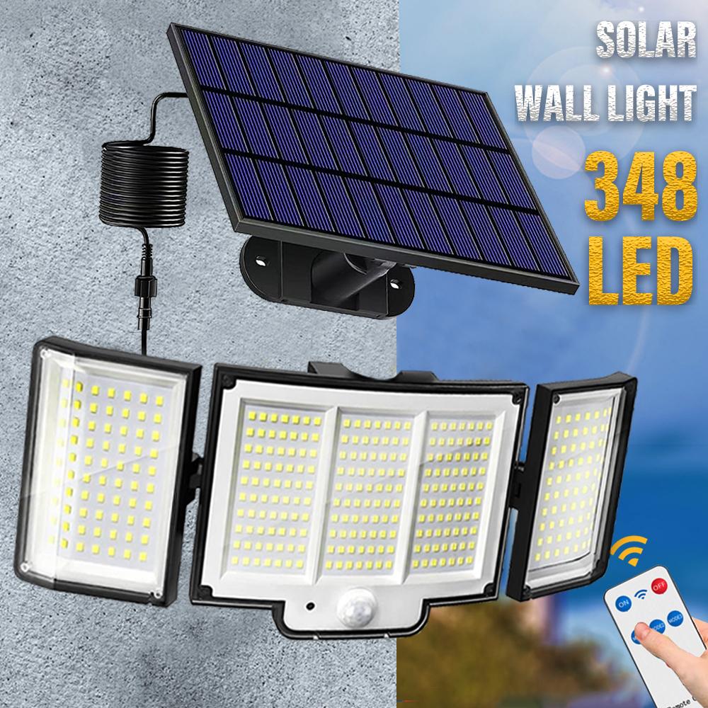 Outdoor Solar Motion Sensor Light 348 LEDs Waterproof 3-Head Security Lamp with Remote