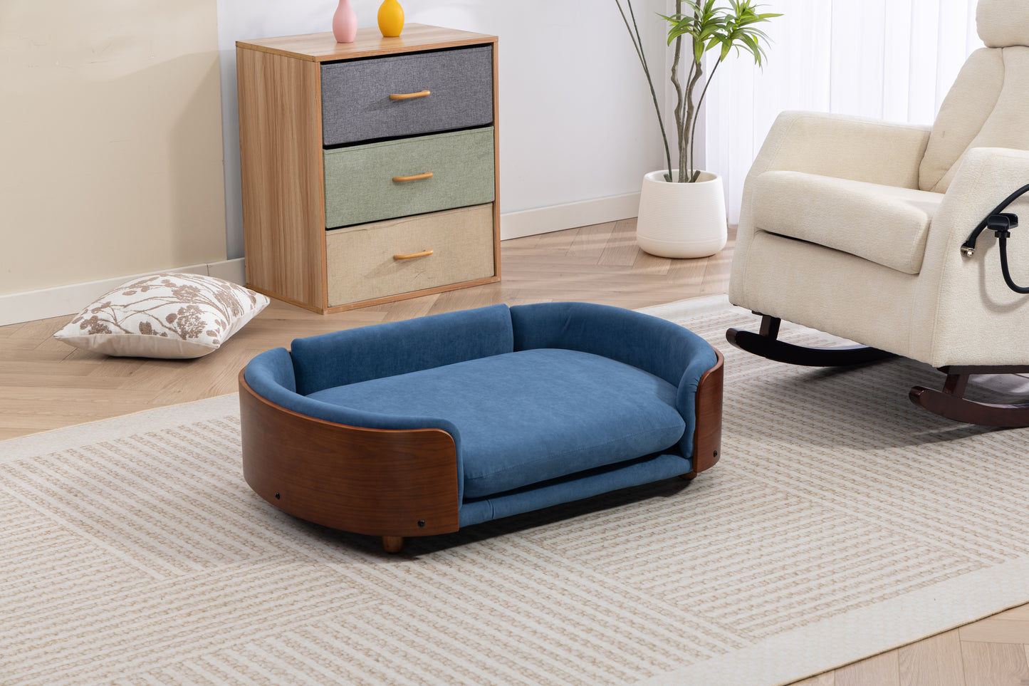 Large Scandinavian Style Elevated Dog Bed with Velvet Cushion and Solid Wood Legs