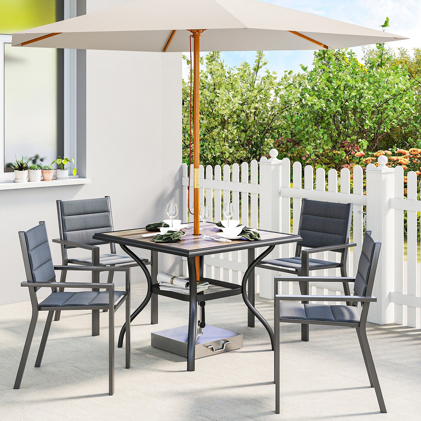 37" Square Outdoor Dining Table for 4 with Umbrella Hole - Gray